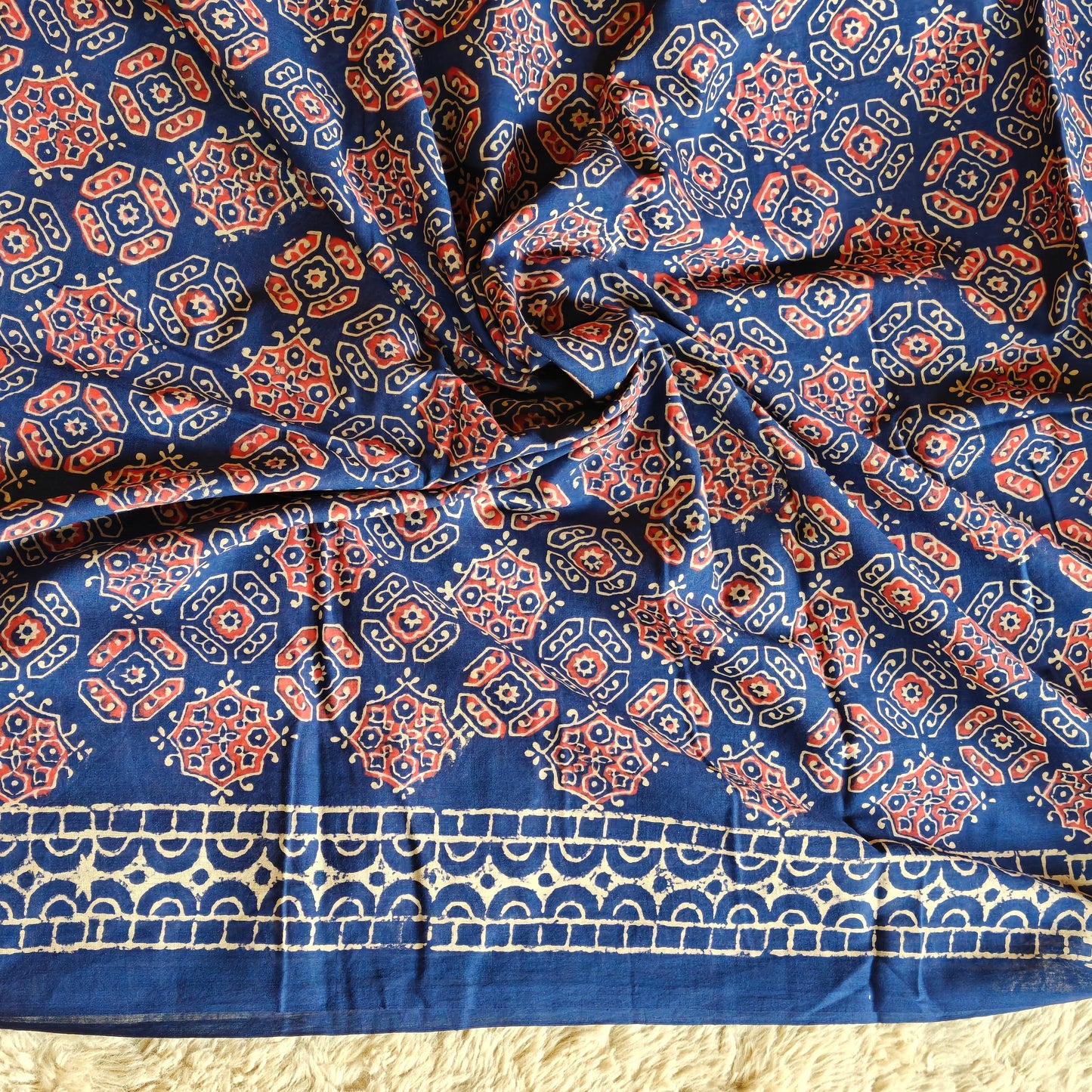 Navyi blue Ajrakh block printed mul cotton saree