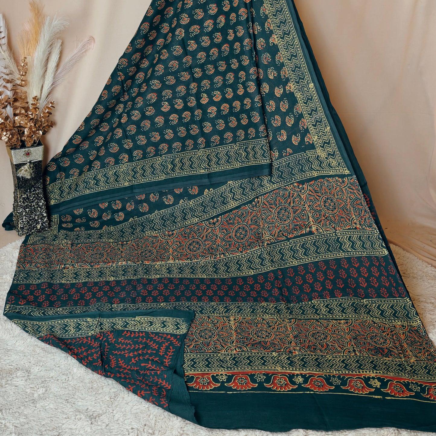 Dark teal blue ajrakh block printed mul cotton saree