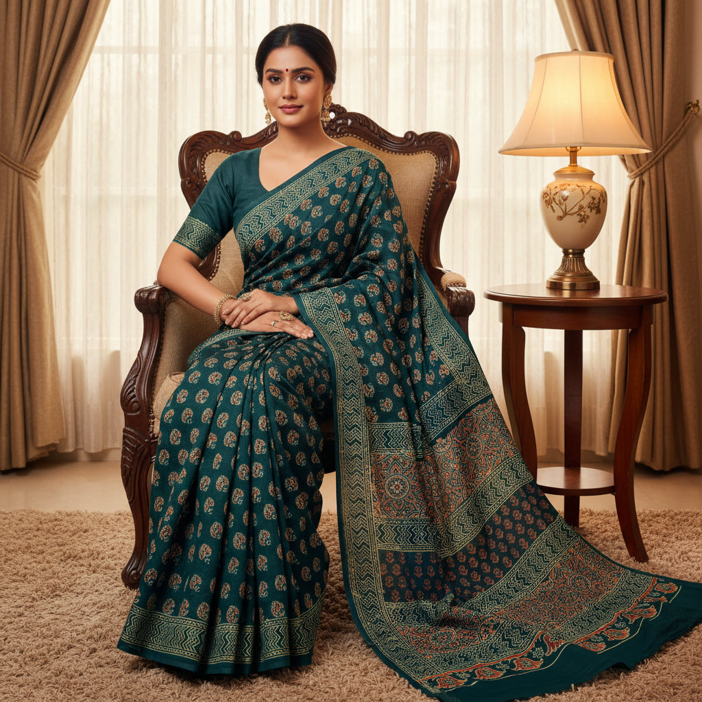 Dark teal blue ajrakh block printed mul cotton saree
