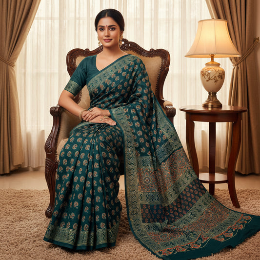 Dark teal blue ajrakh block printed mul cotton saree