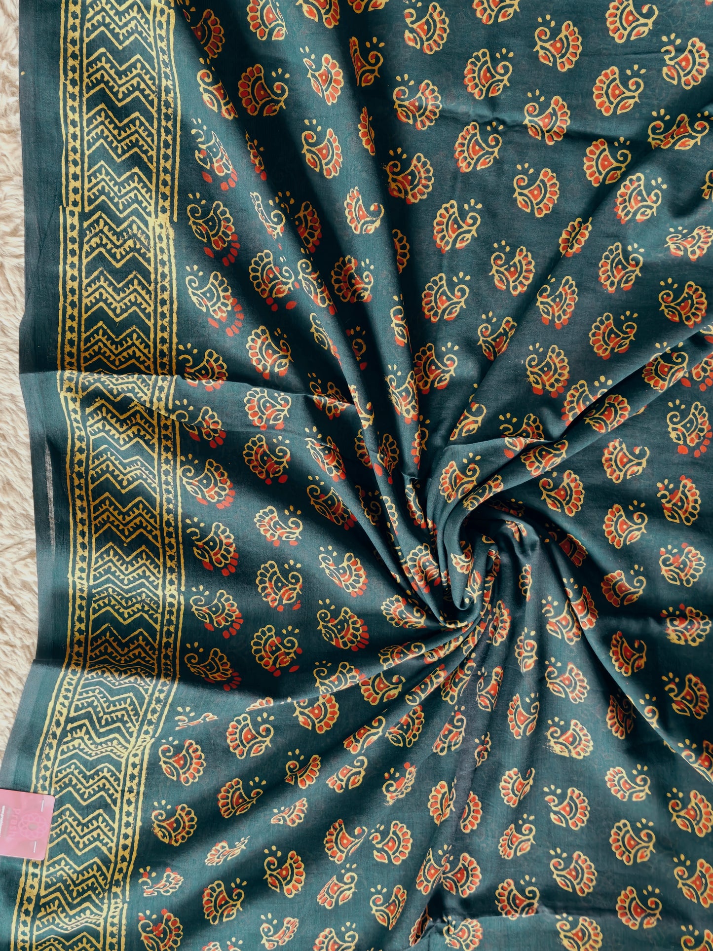 Dark teal blue ajrakh block printed mul cotton saree