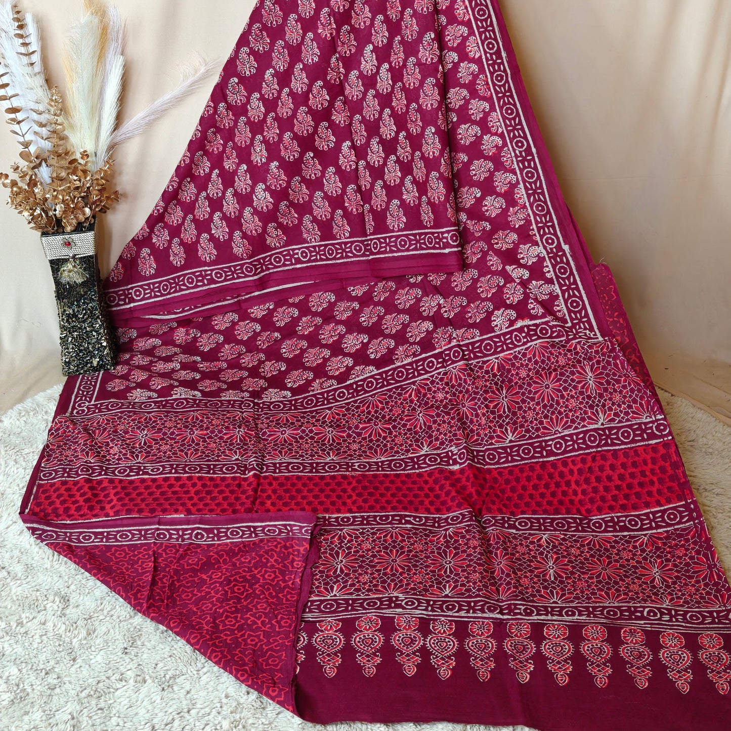 Magenta ajrakh block printed mul cotton saree