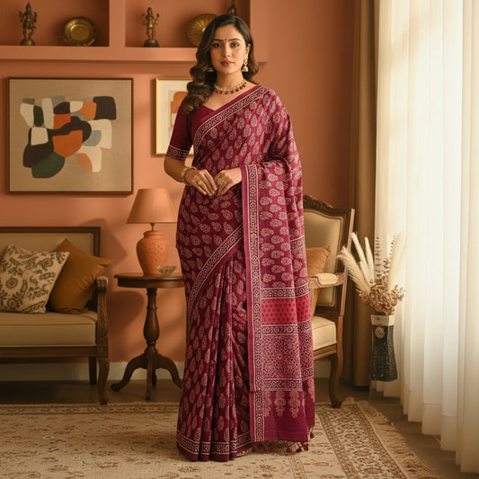 Magenta Ajrakh block printed mul cotton saree