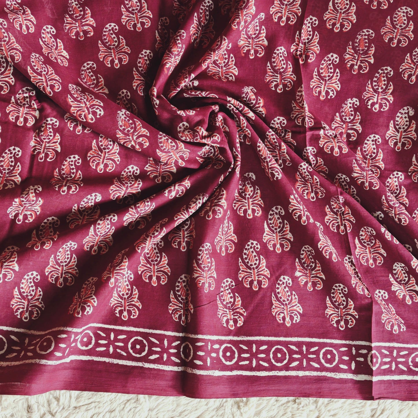 Magenta ajrakh block printed mul cotton saree
