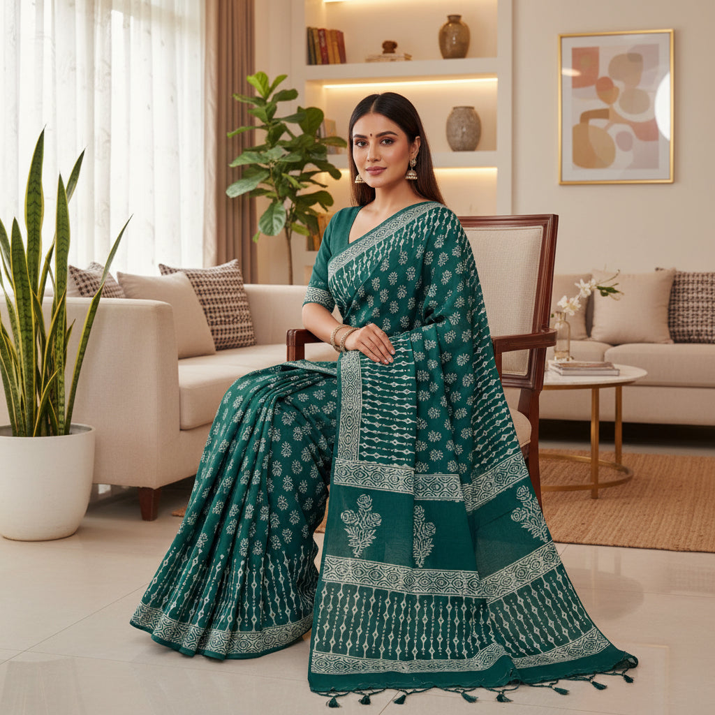 Sea green Ajrakh block printed mul cotton
