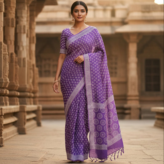 Lavender ajrakh block printed mul cotton saree