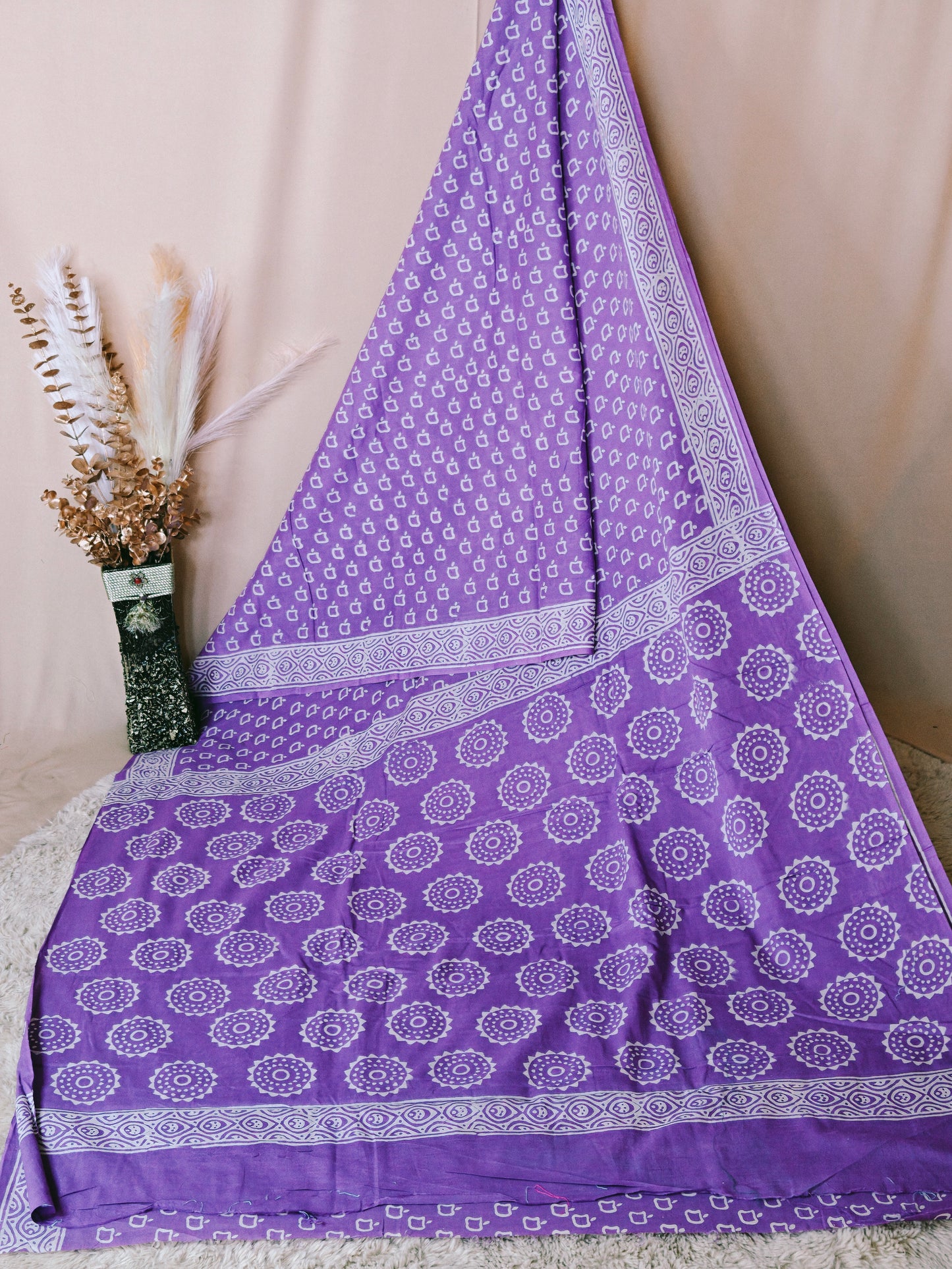 Lavender ajrakh block printed mul cotton saree