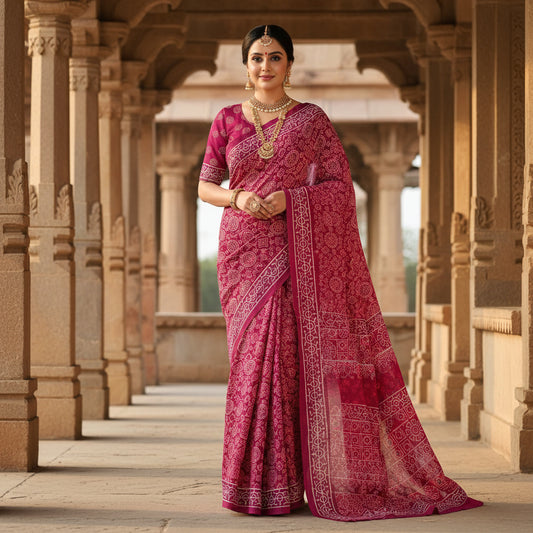 Magenta ajrakh block printed mul cotton saree