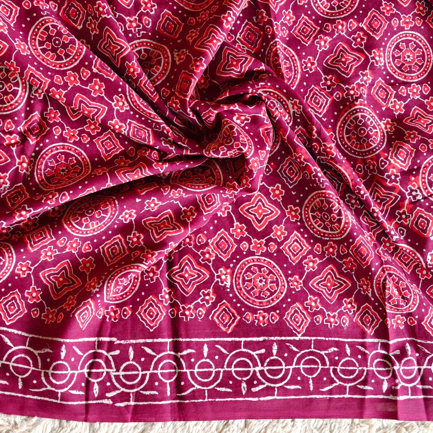 Magenta ajrakh block printed mul cotton saree