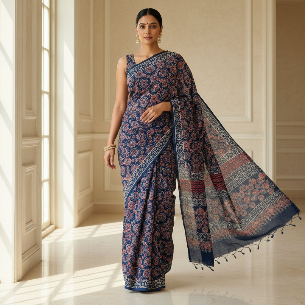 Navyi blue ajrakh block printed mul cotton saree