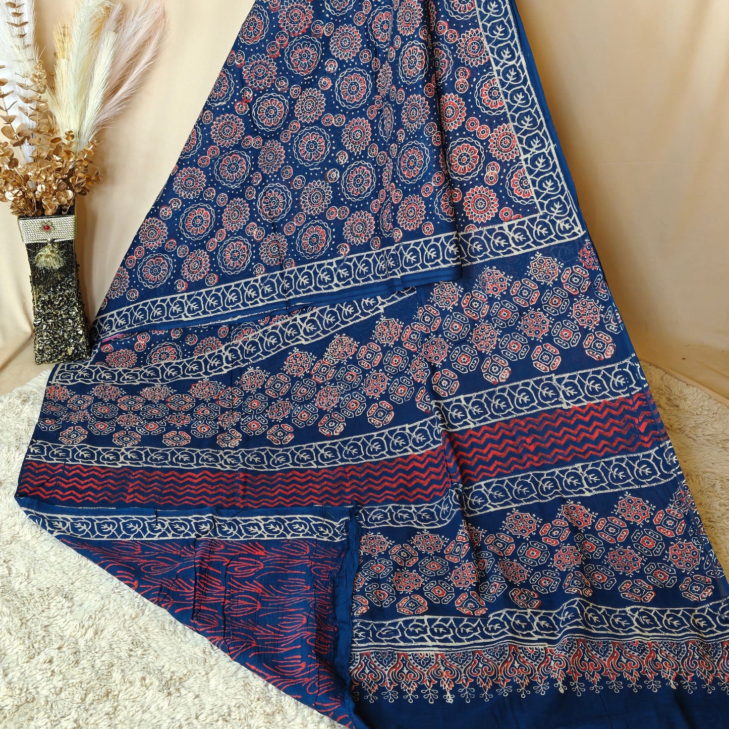 Navyi blue ajrakh block printed mul cotton saree