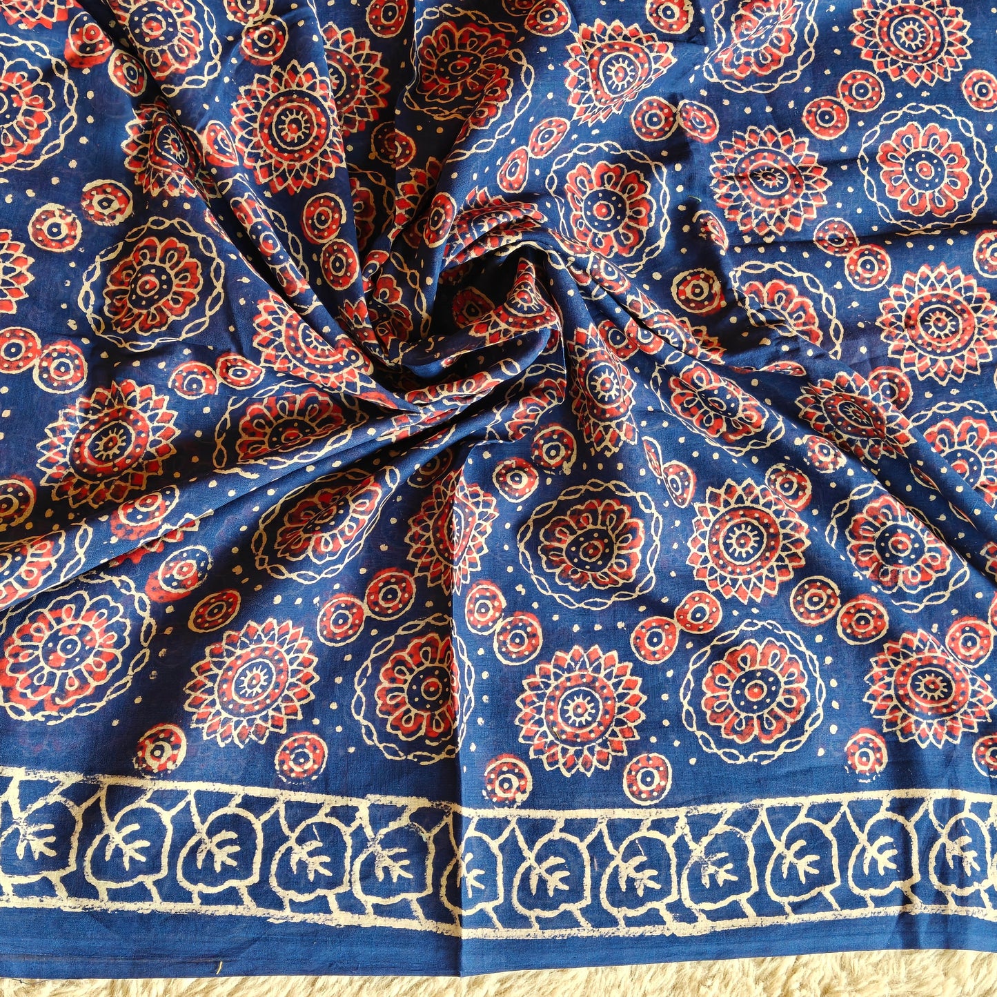 Navyi blue ajrakh block printed mul cotton saree