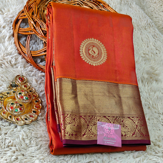 Rust orange pure silk kanchi butta saree