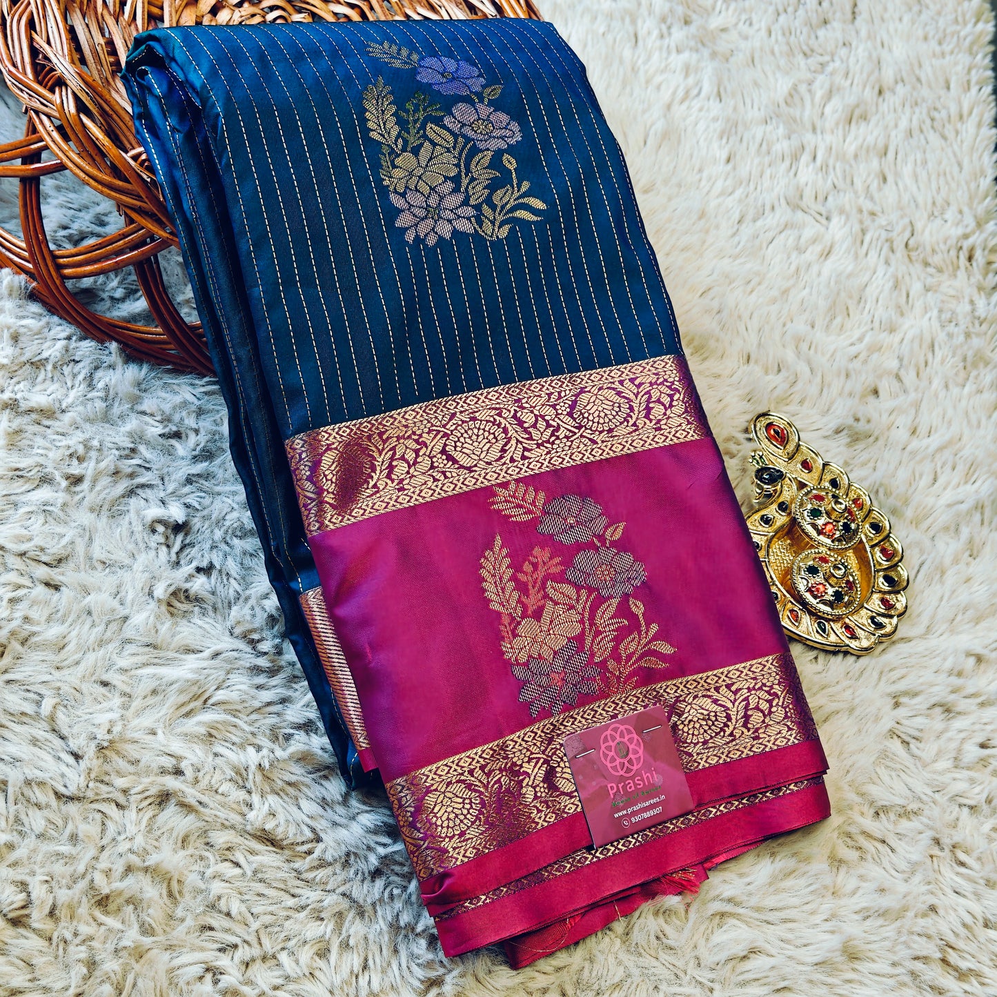 peacock blue semi kanchi butta saree