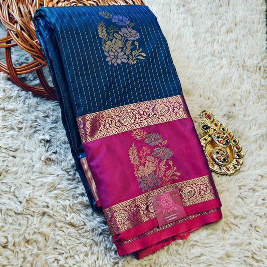 peacock blue semi kanchi butta saree