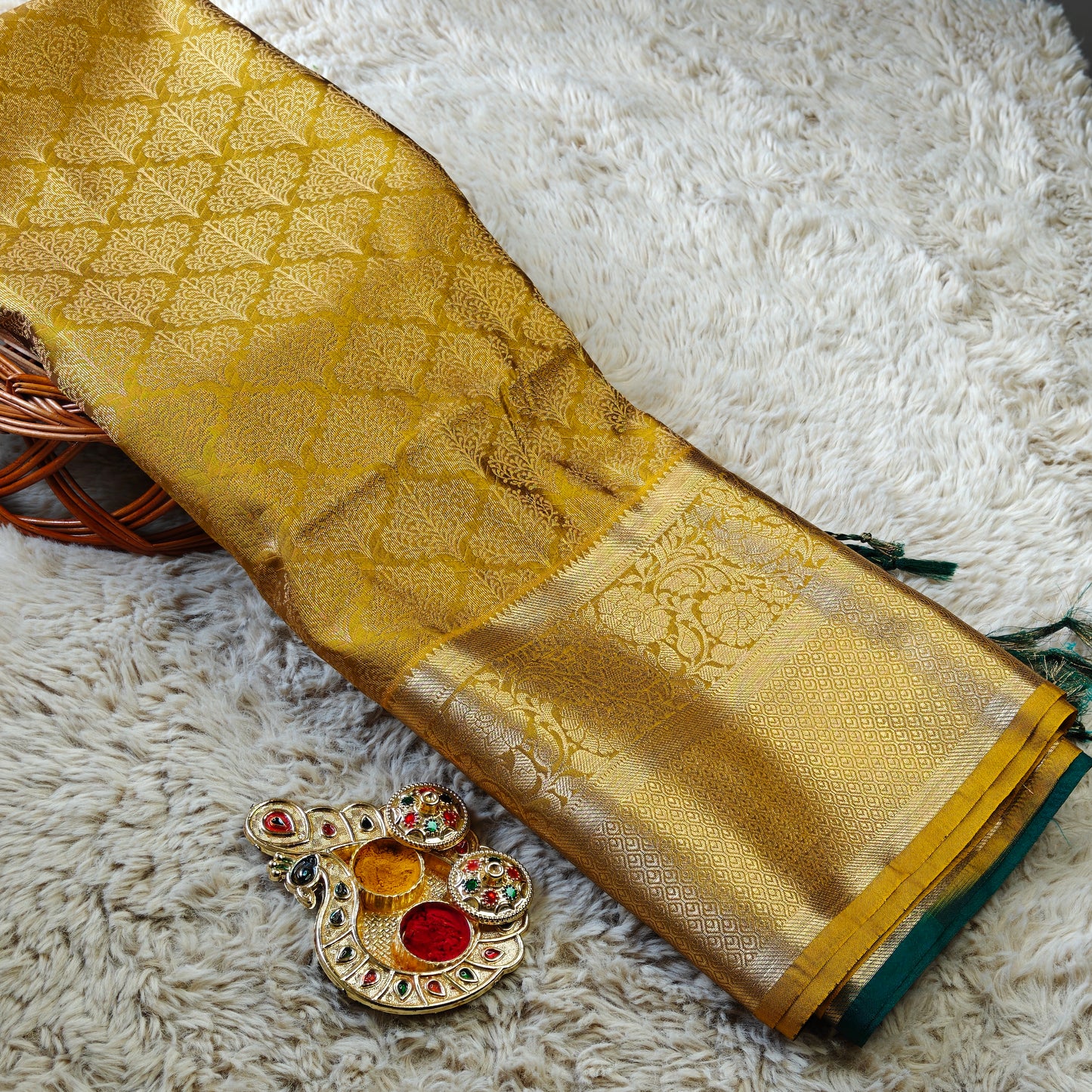 Mustared yellow soft silk brocade saree
