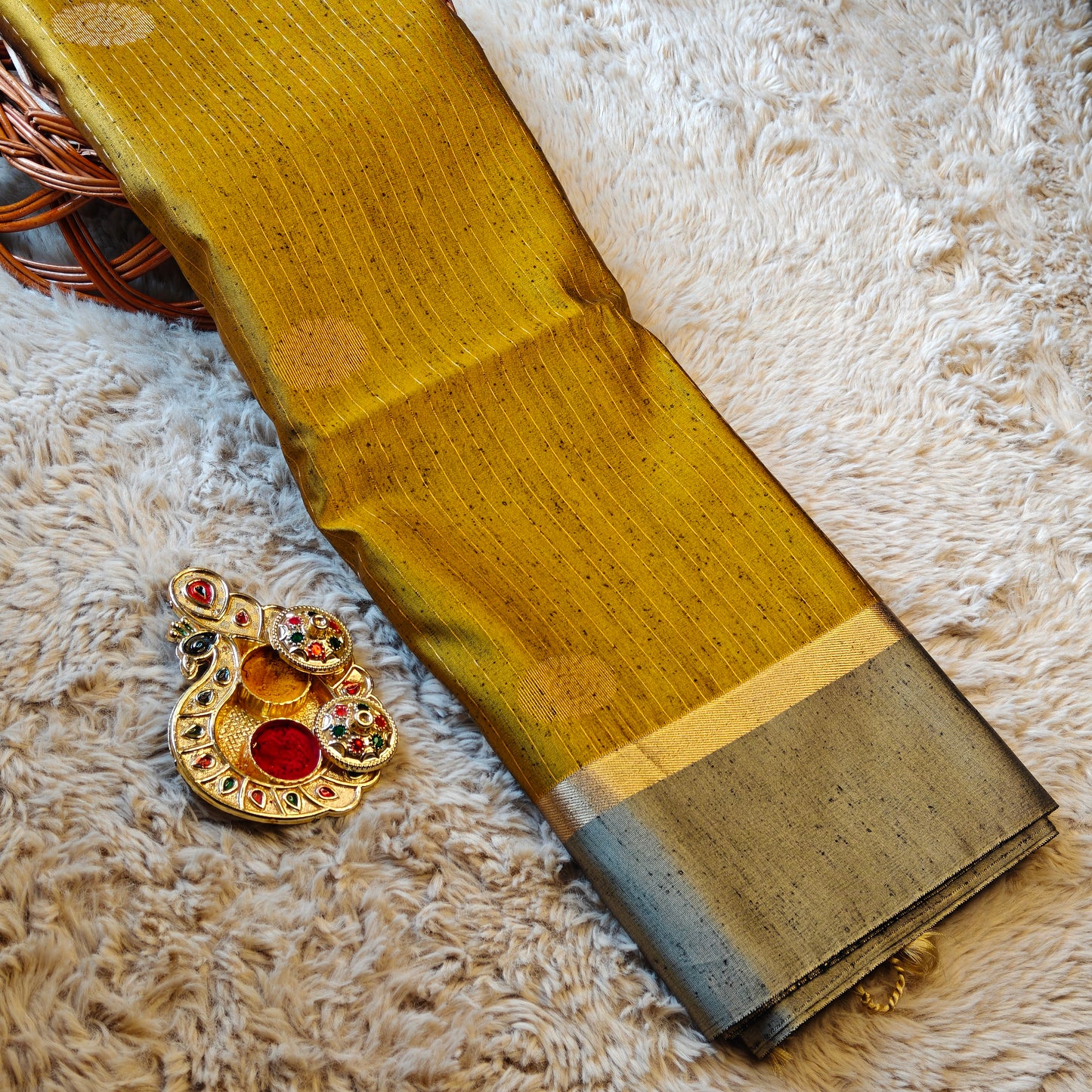 Mustared yellow soft silk zari lines saree