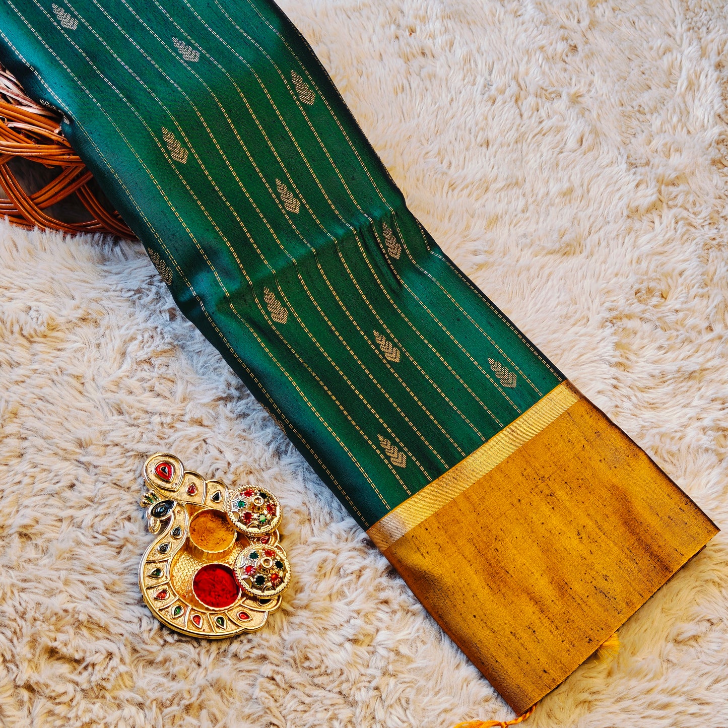 Bottle green soft silk zari lines saree