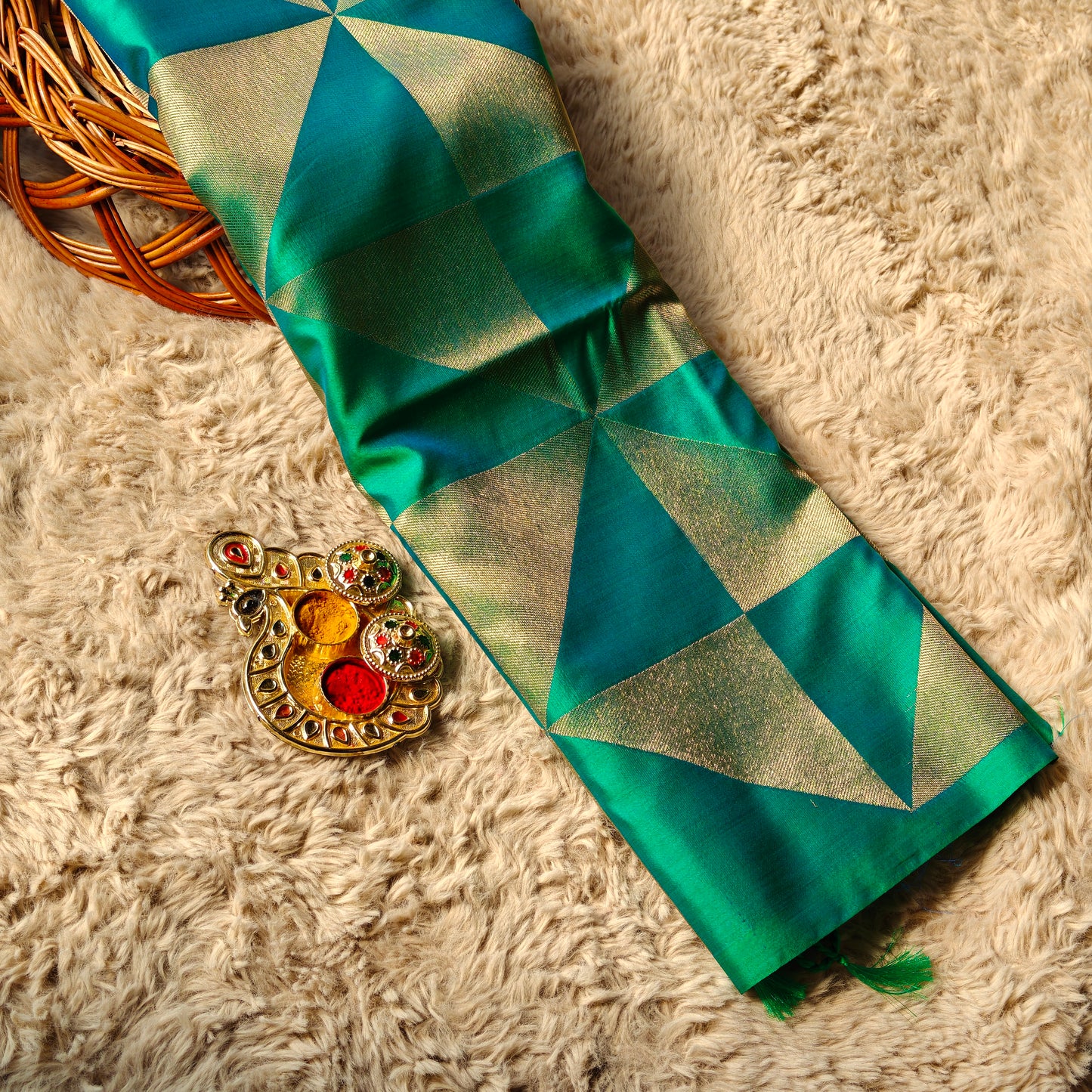 Peacock green soft silk multi checks saree