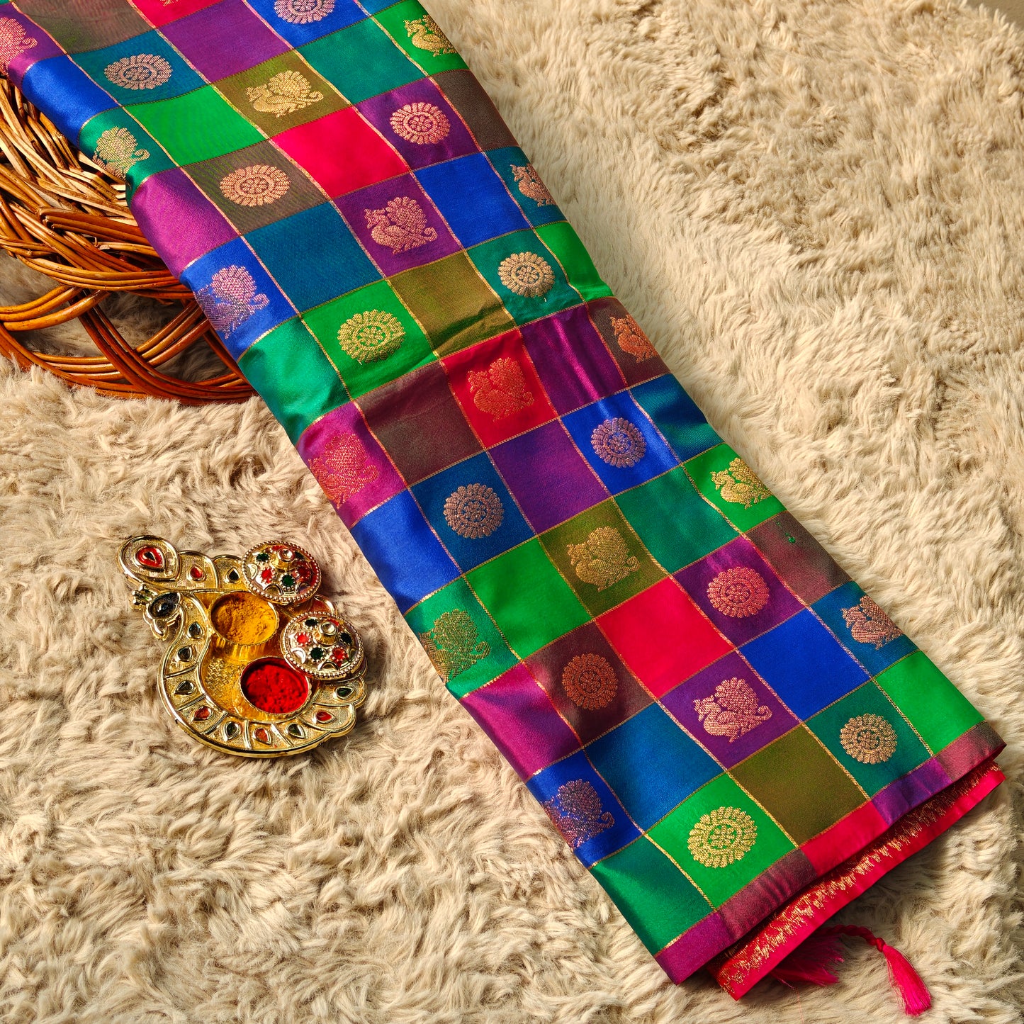 Pink soft silk multi checks saree