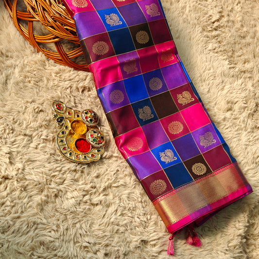 Multi colour soft silk multi checks saree