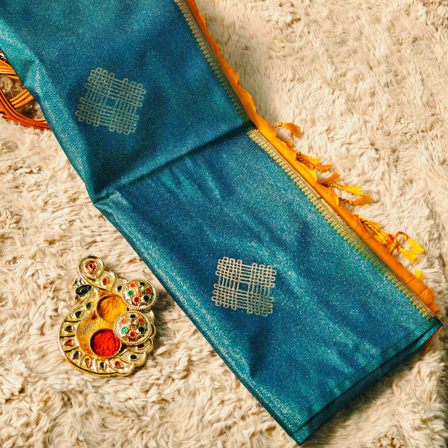 Peacock blue soft silk tissue saree