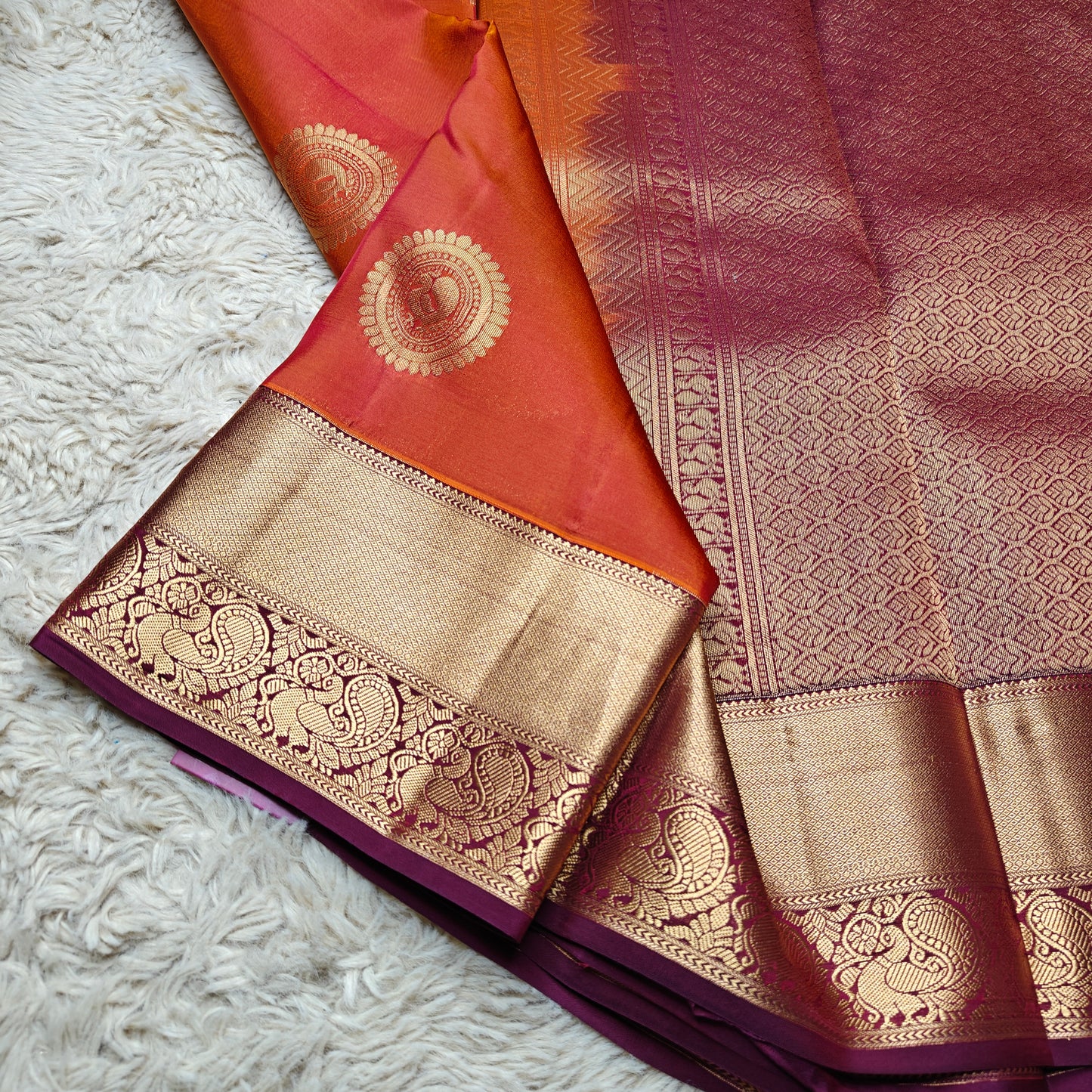 Rust orange pure silk kanchi butta saree