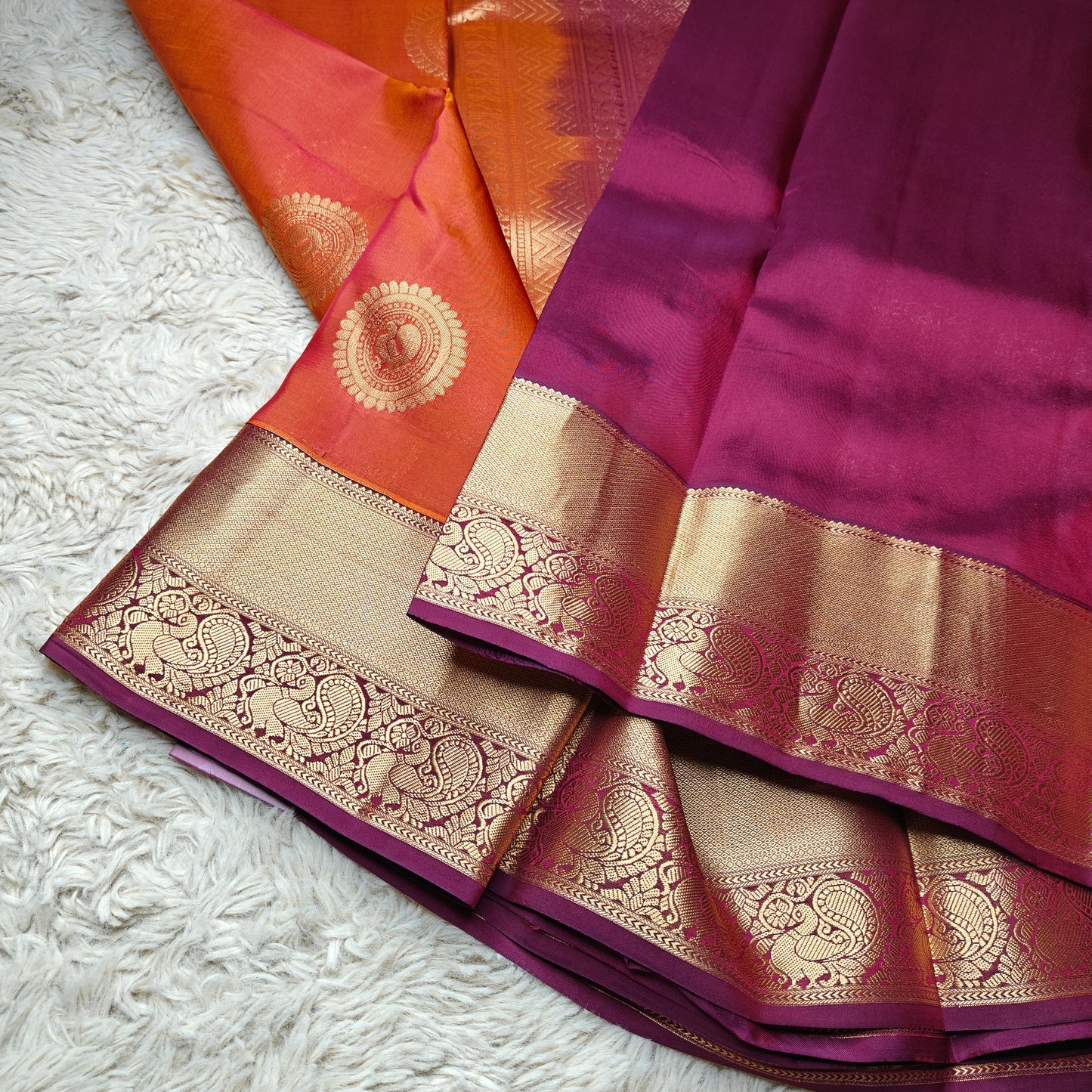 Rust orange pure silk kanchi butta saree