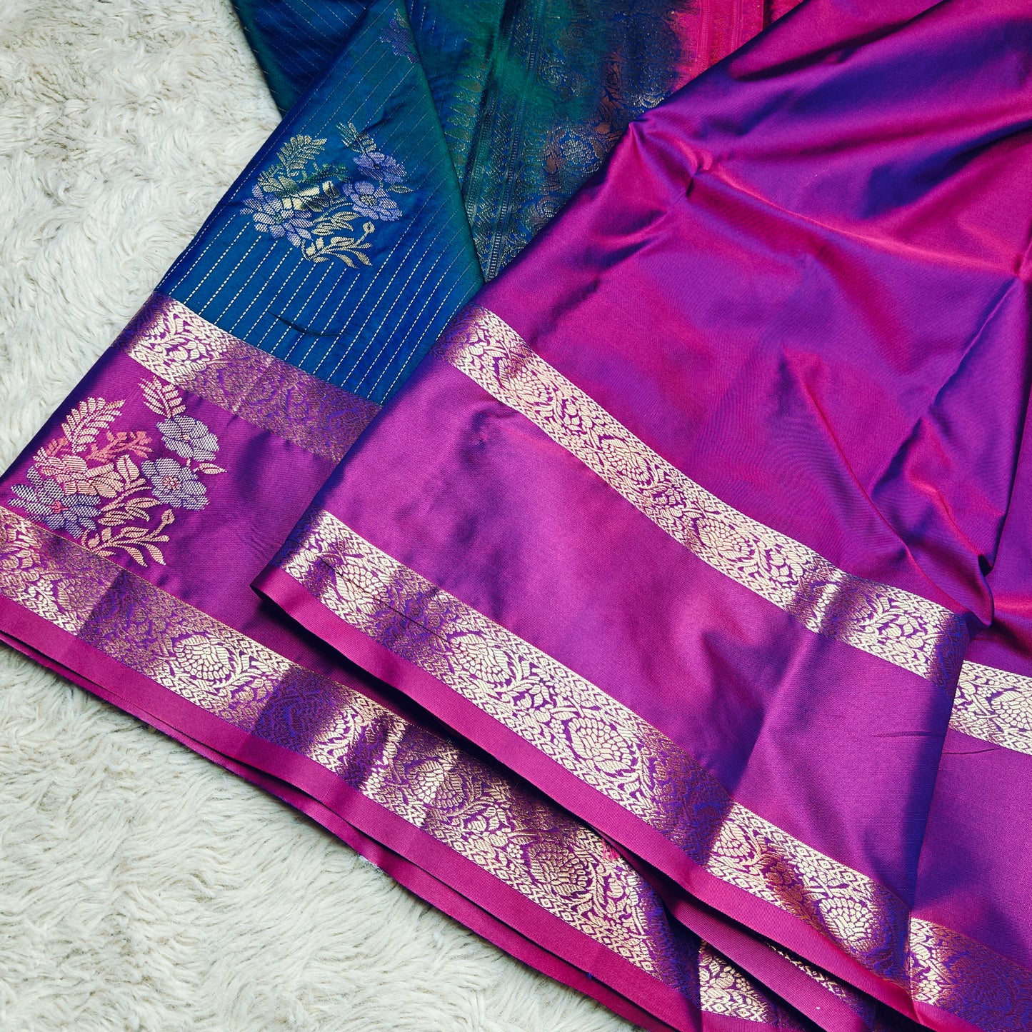 peacock blue semi kanchi butta saree