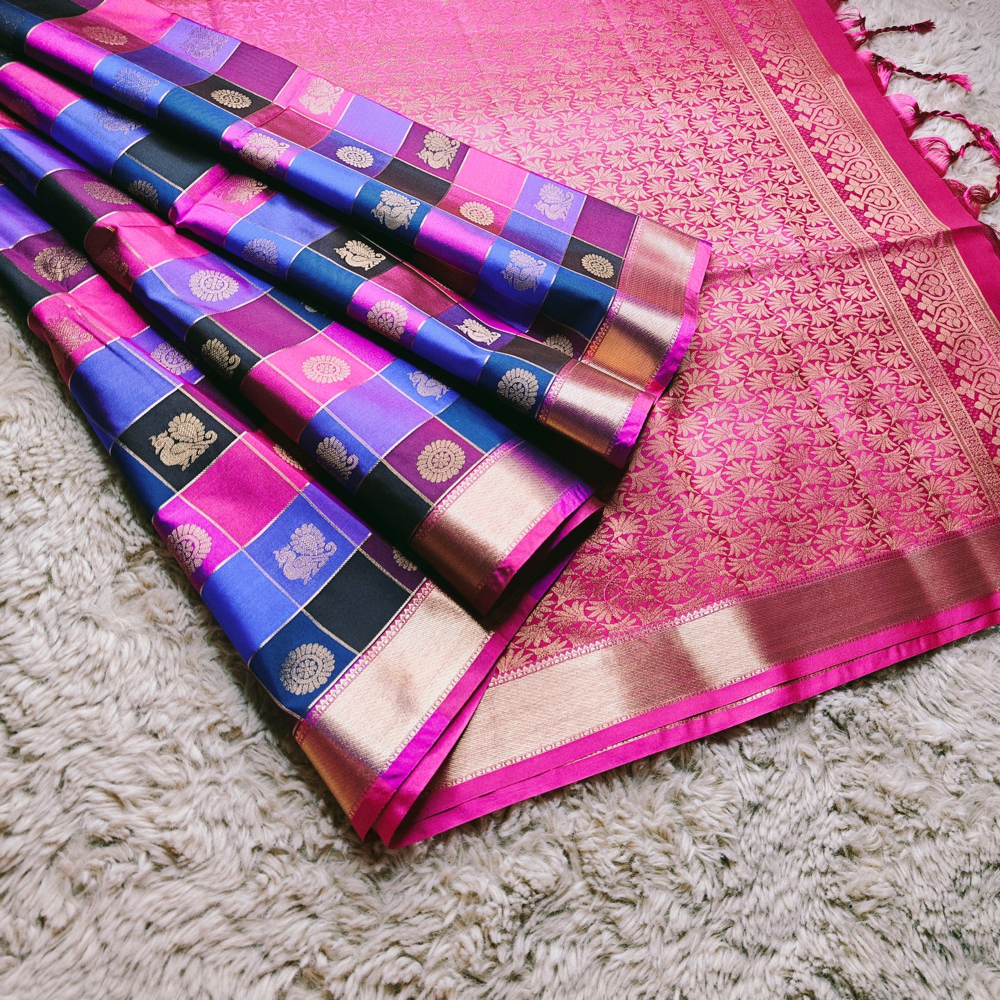 Multi colour soft silk multi checks saree