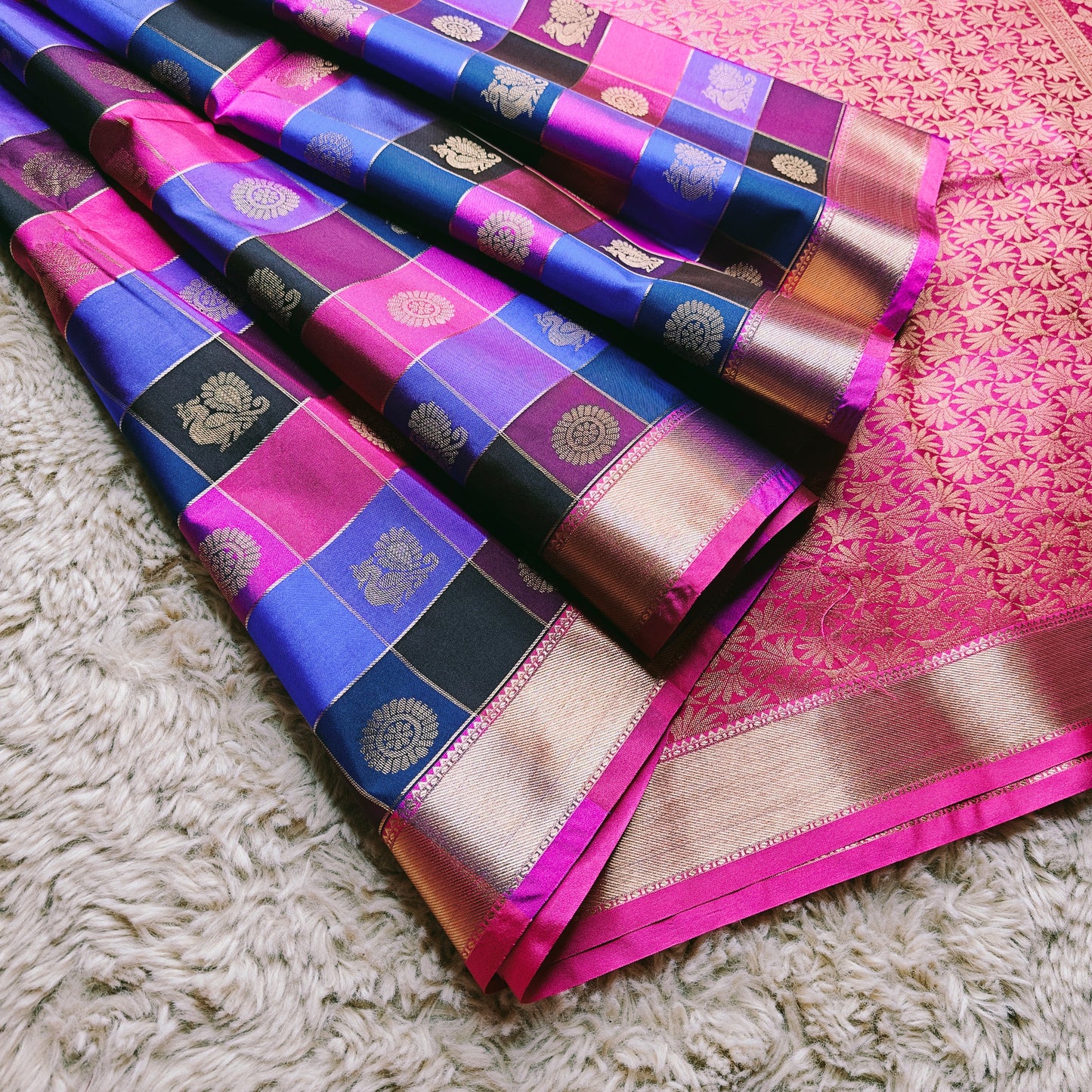 Multi colour soft silk multi checks saree