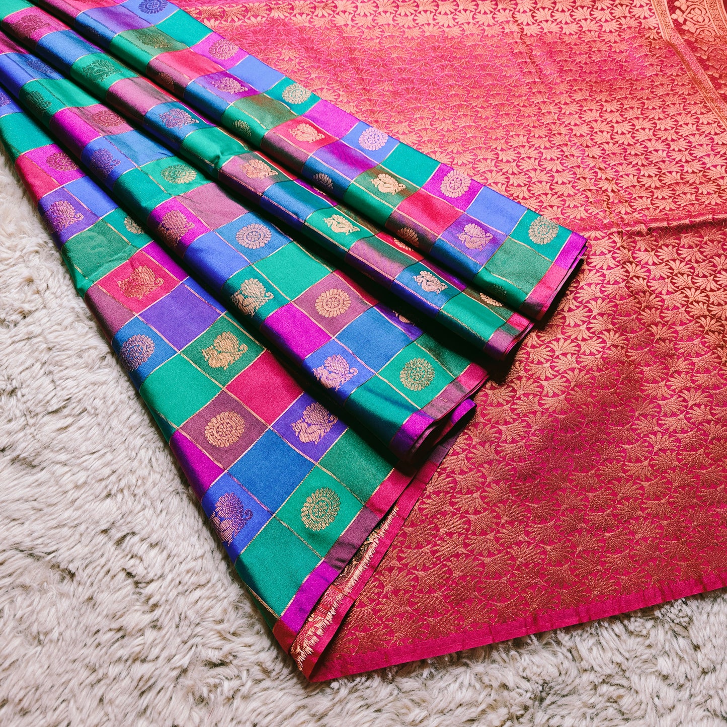 Pink soft silk multi checks saree