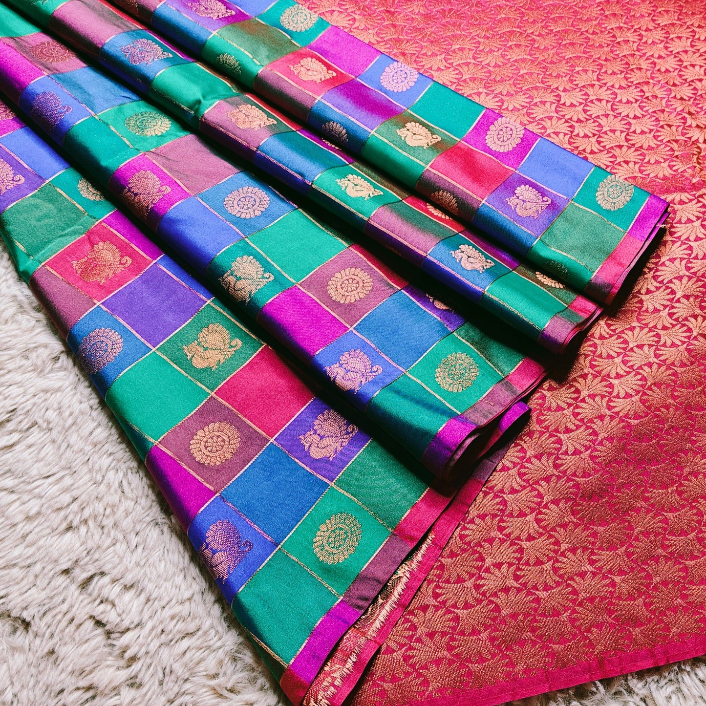 Pink soft silk multi checks saree
