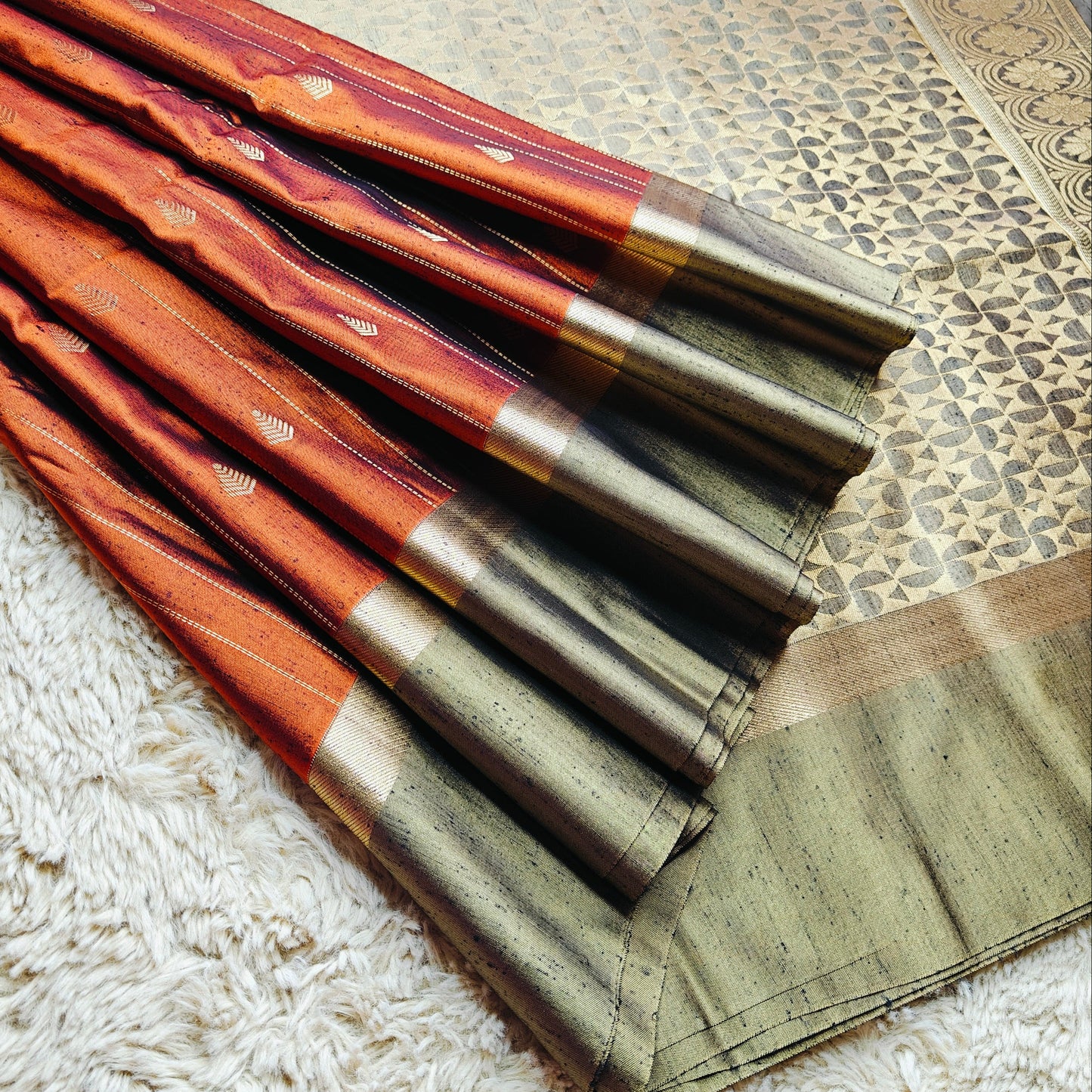 rust orange soft silk zari lines saree