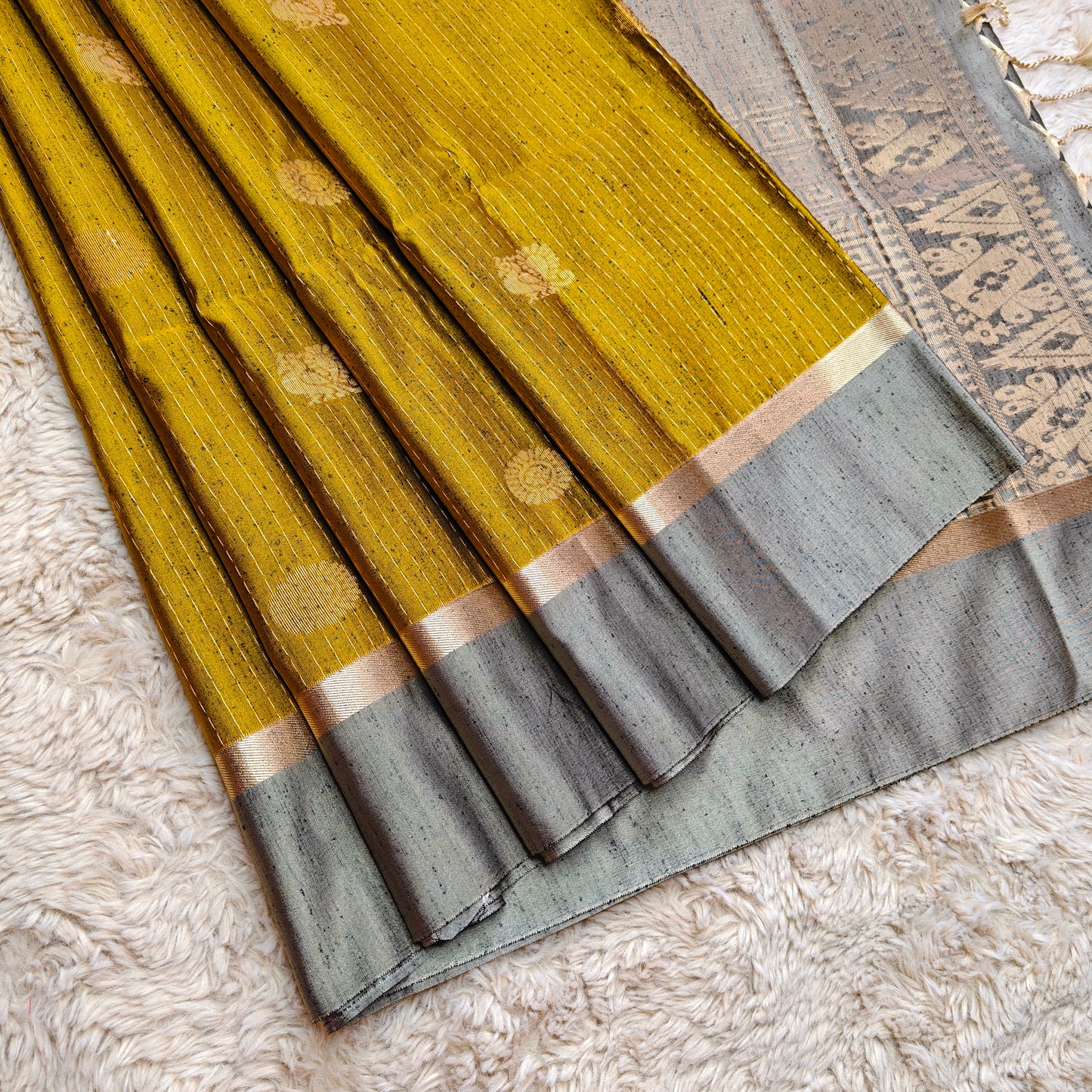 Mustared yellow soft silk zari lines saree