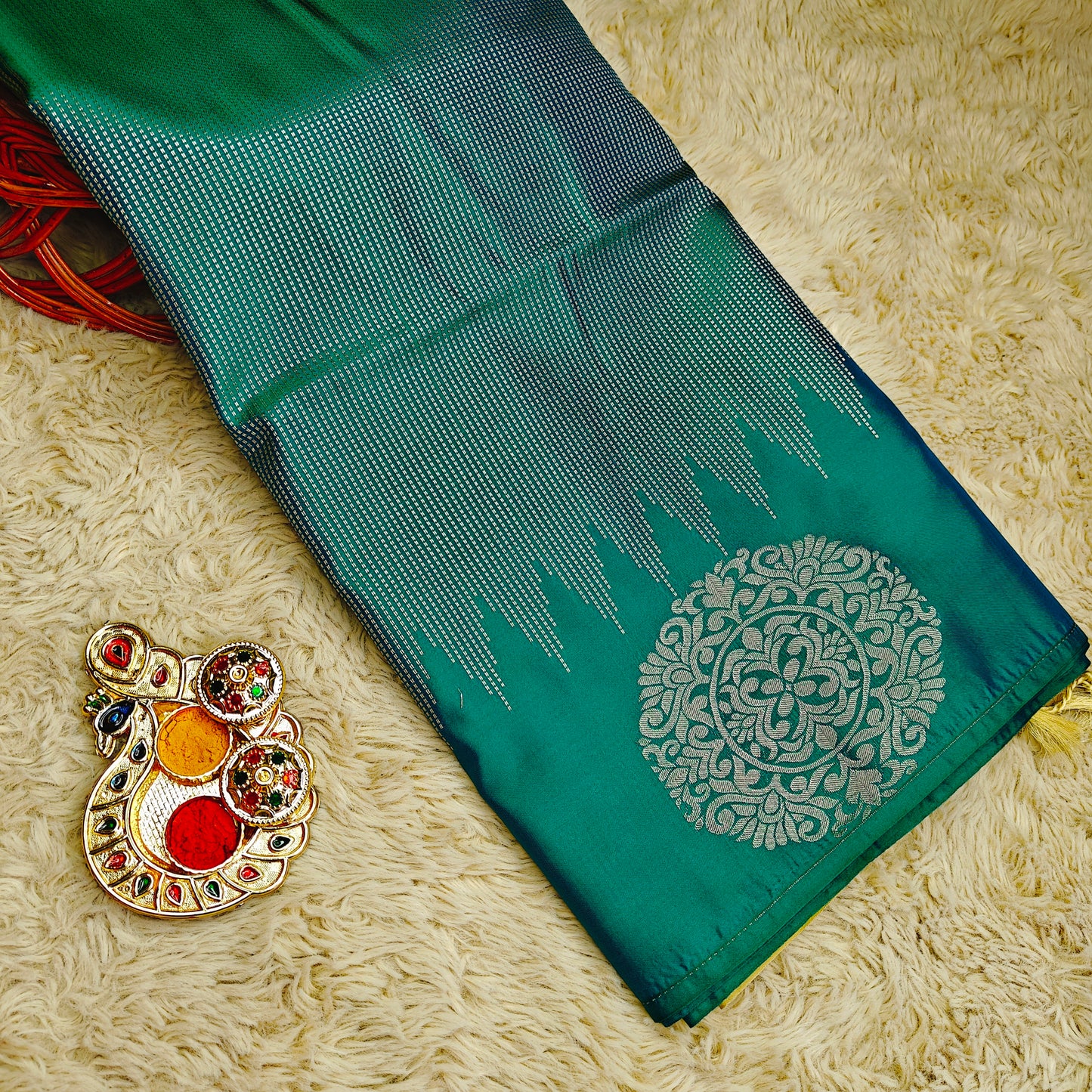 Peacock green soft silk brocade saree