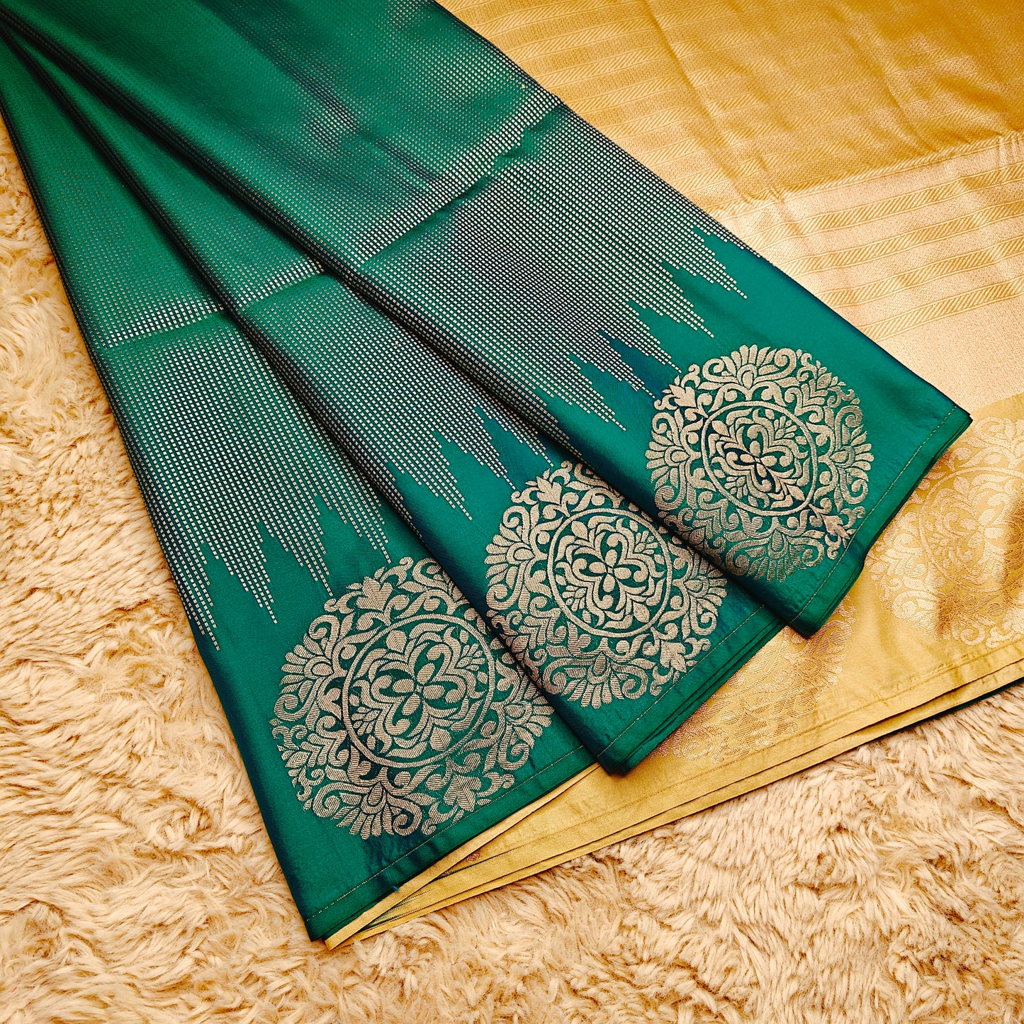Peacock green soft silk brocade saree