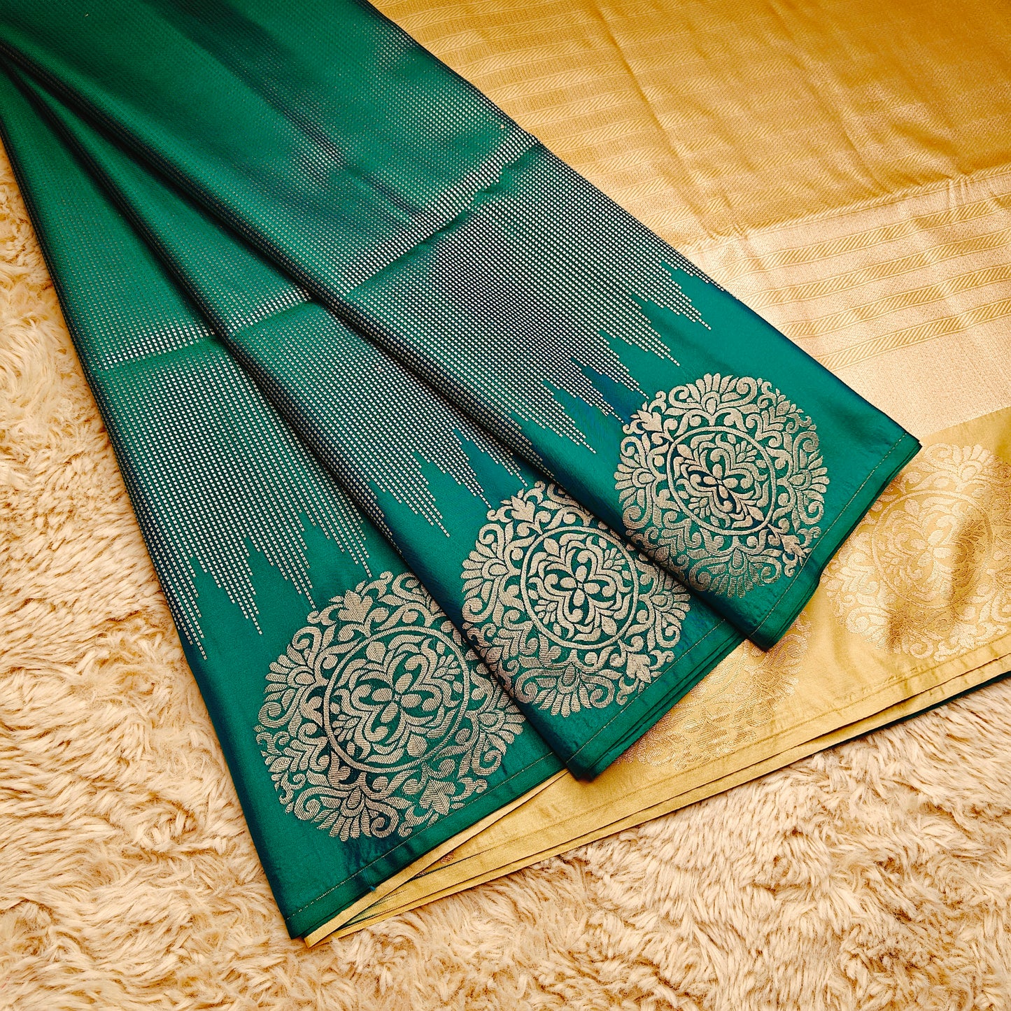 Peacock green soft silk brocade saree