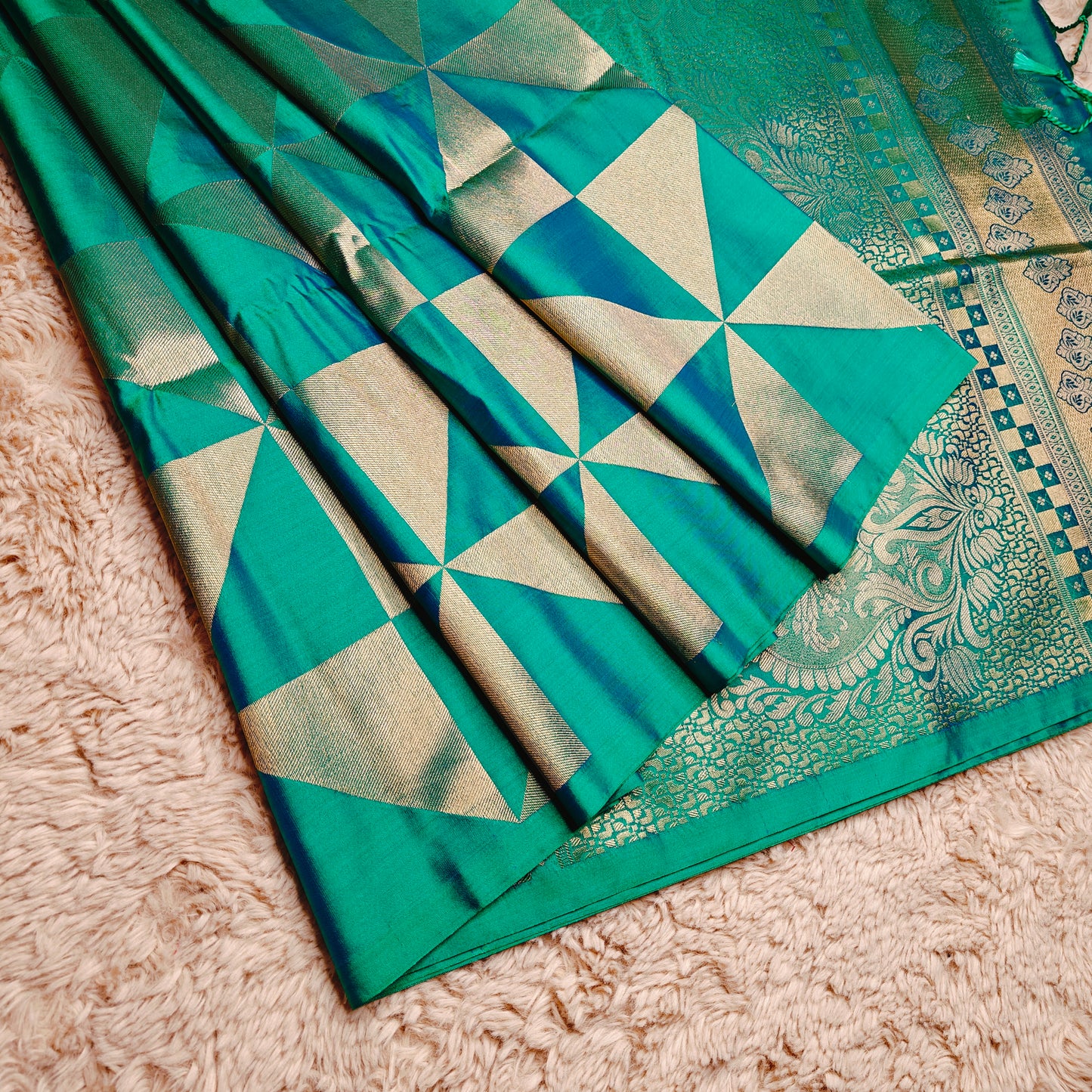 Peacock green soft silk multi checks saree
