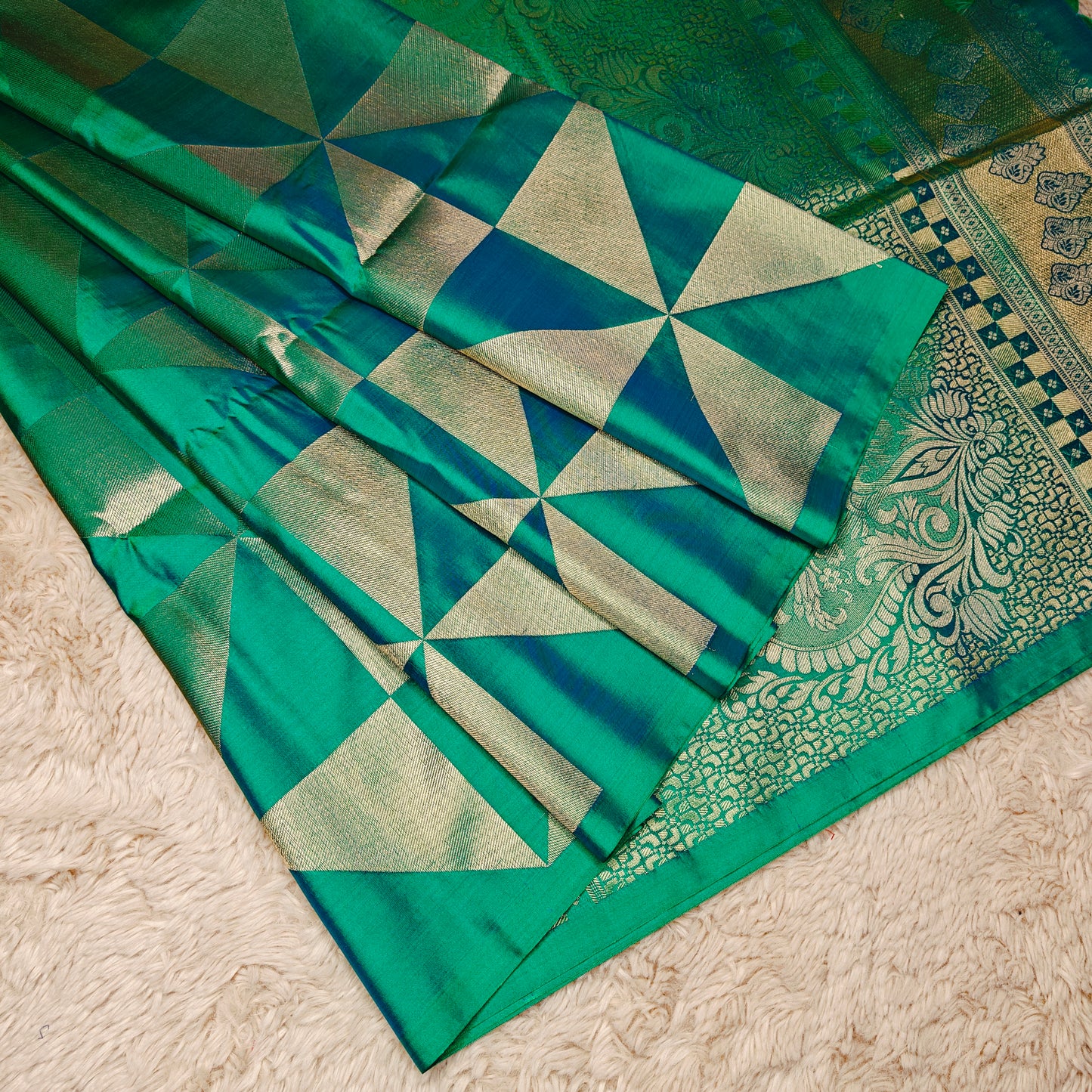 Peacock green soft silk multi checks saree