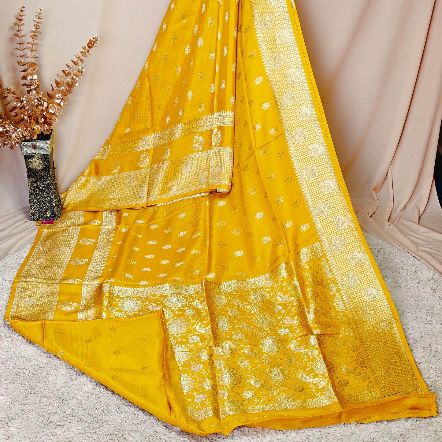 Yellow Pure viscose crepe saree