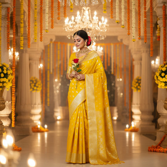 Yellow Pure viscose crepe saree