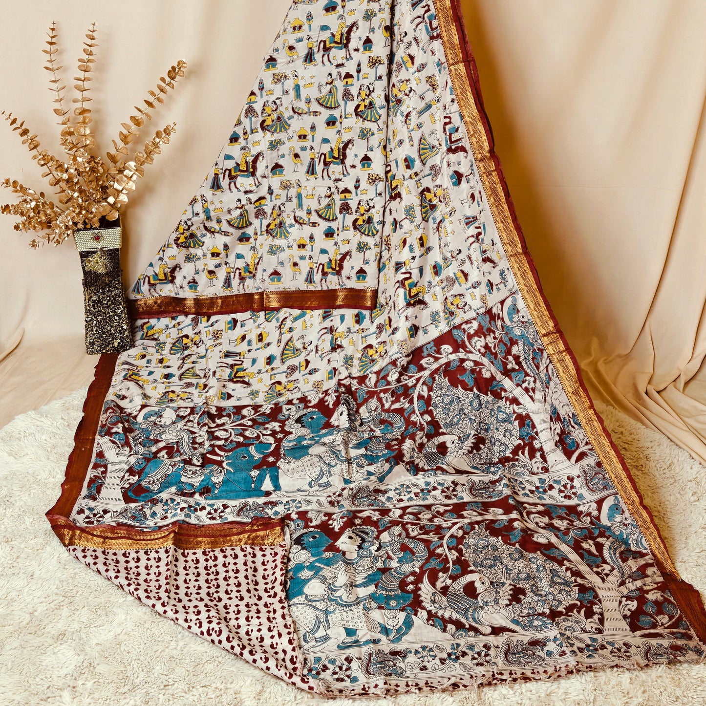 Half-white with red border kalamkari silk saree