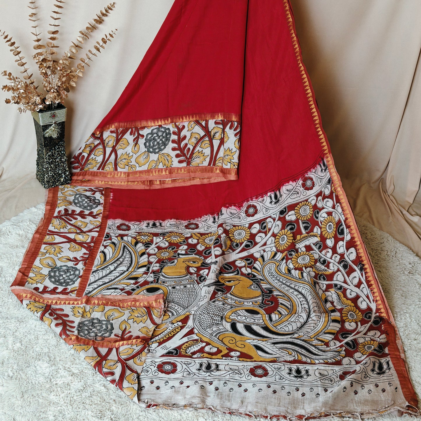 Red color chennur silk kalamkari gap border saree