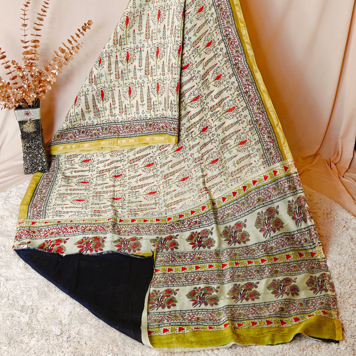 Yellowshi  ajrakh handblock printed chanderi silk cotton saree