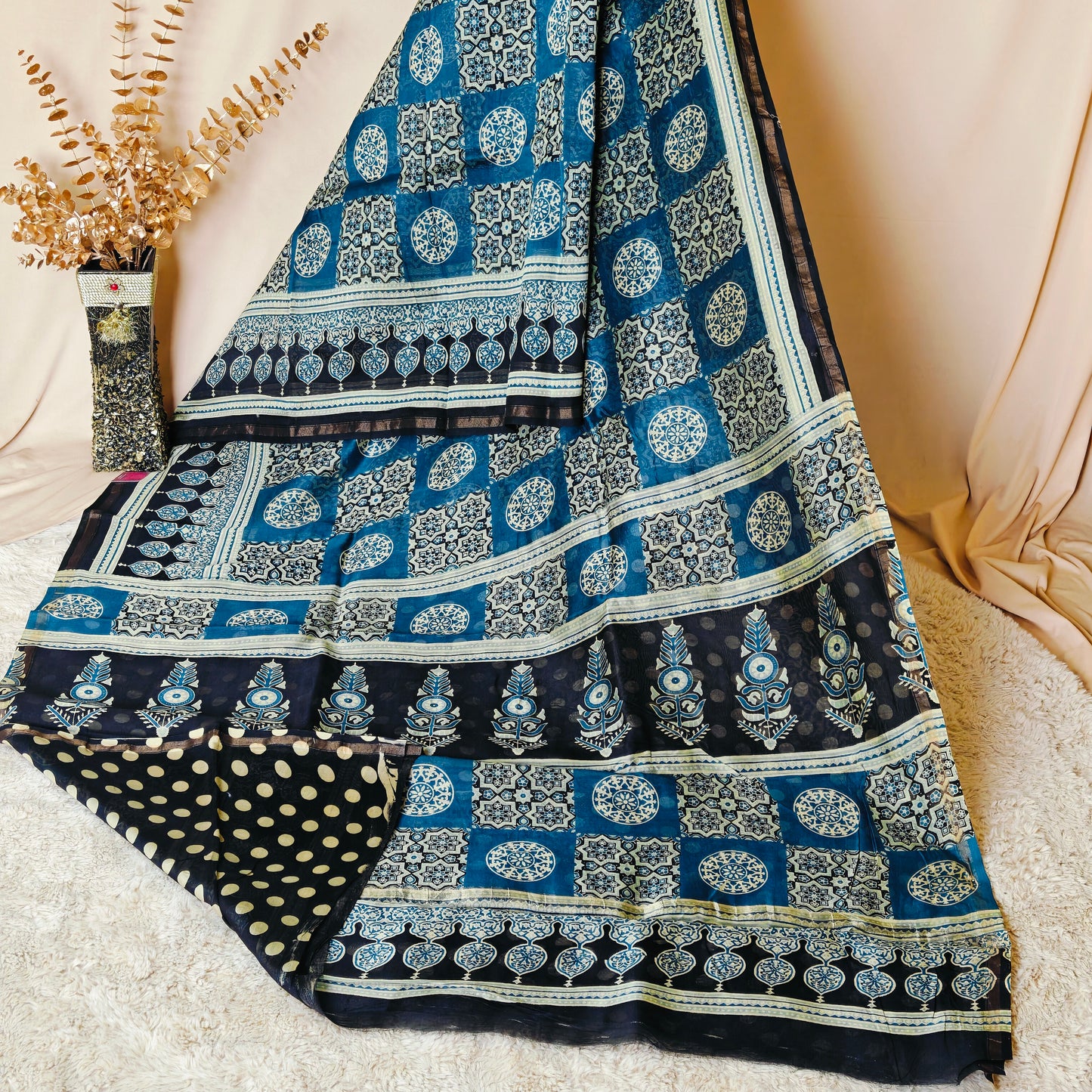 Teal blue ajrakh handblock printed chanderi silk cotton saree