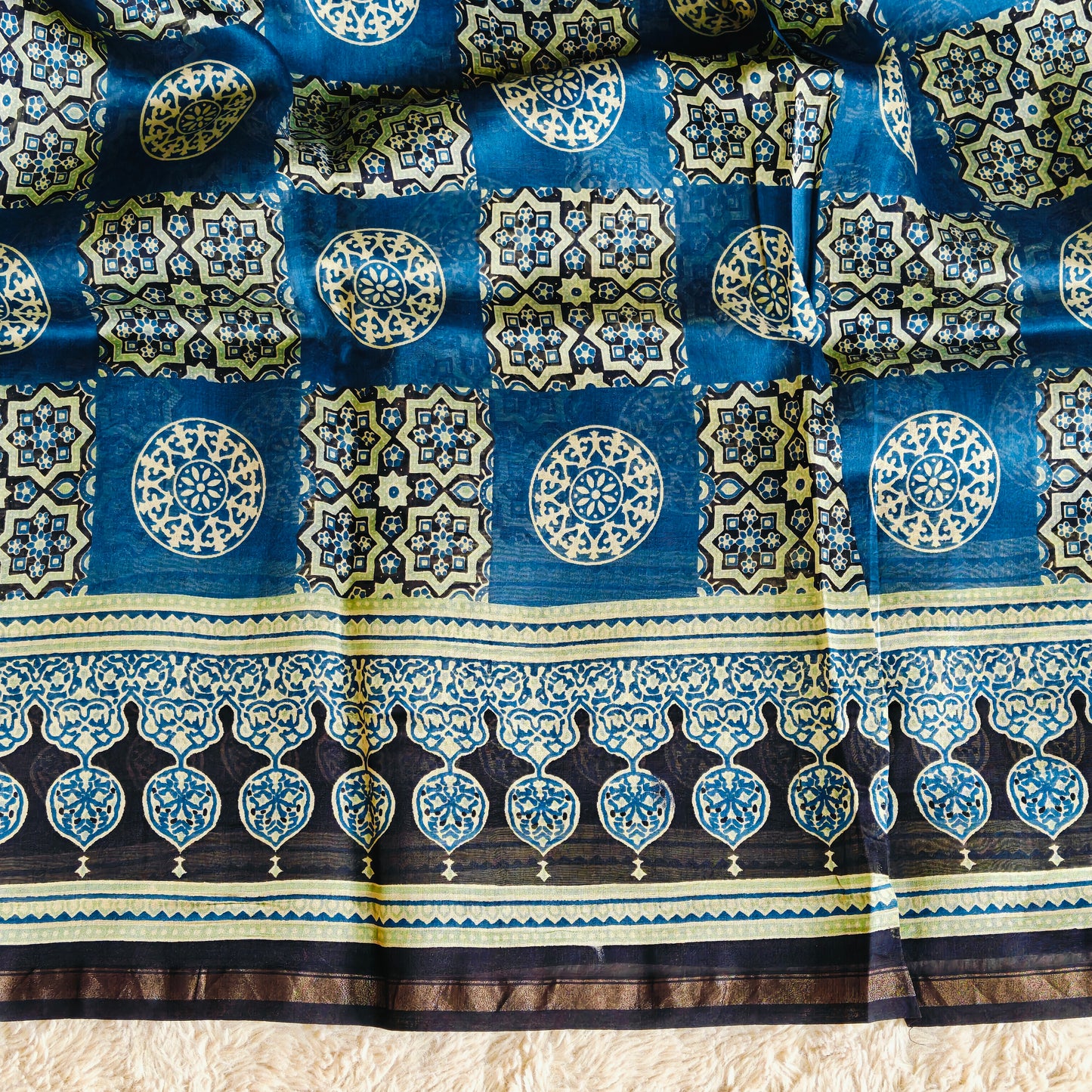 Teal blue ajrakh handblock printed chanderi silk cotton saree