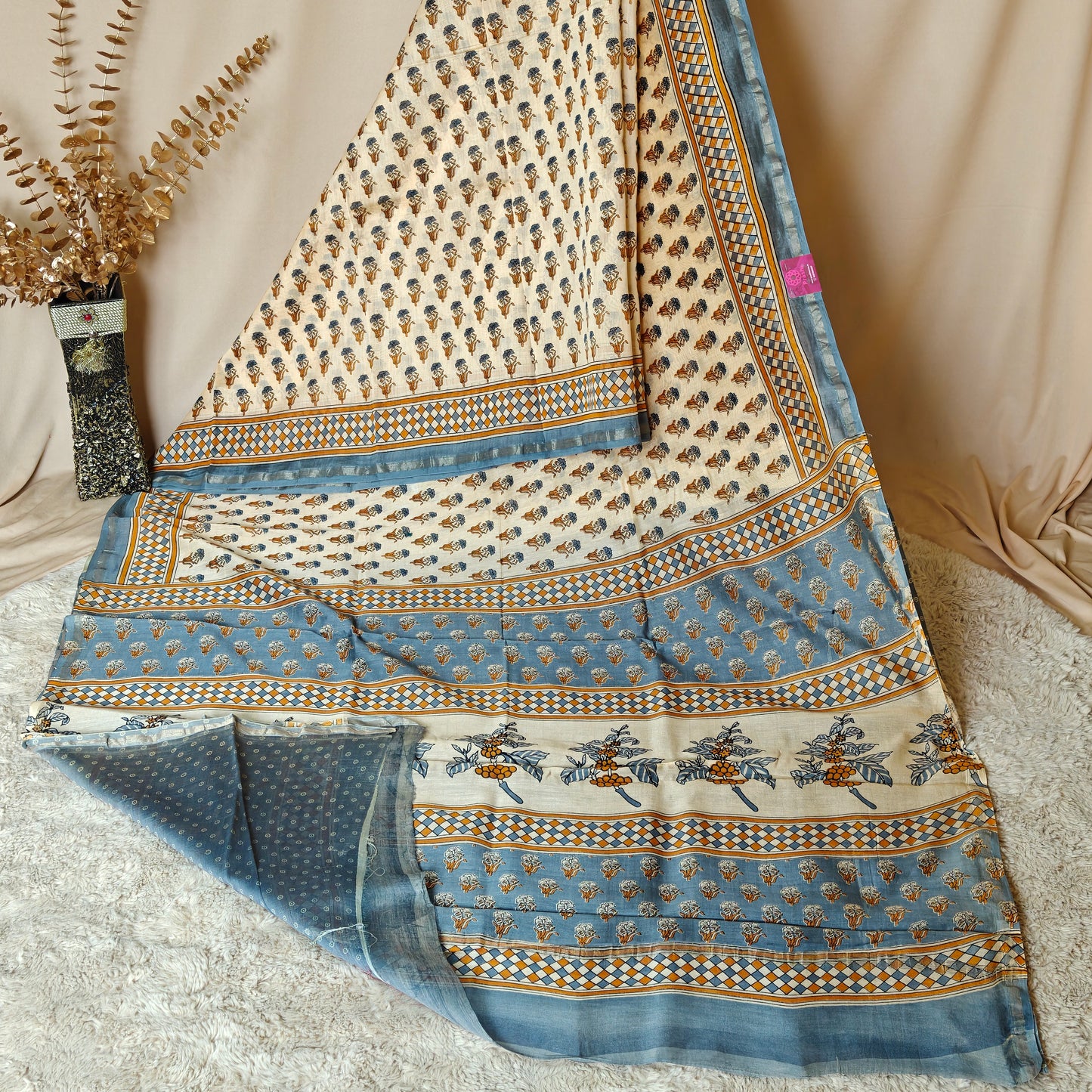 Cream colour ajrakh handblock printed chanderi silk cotton saree