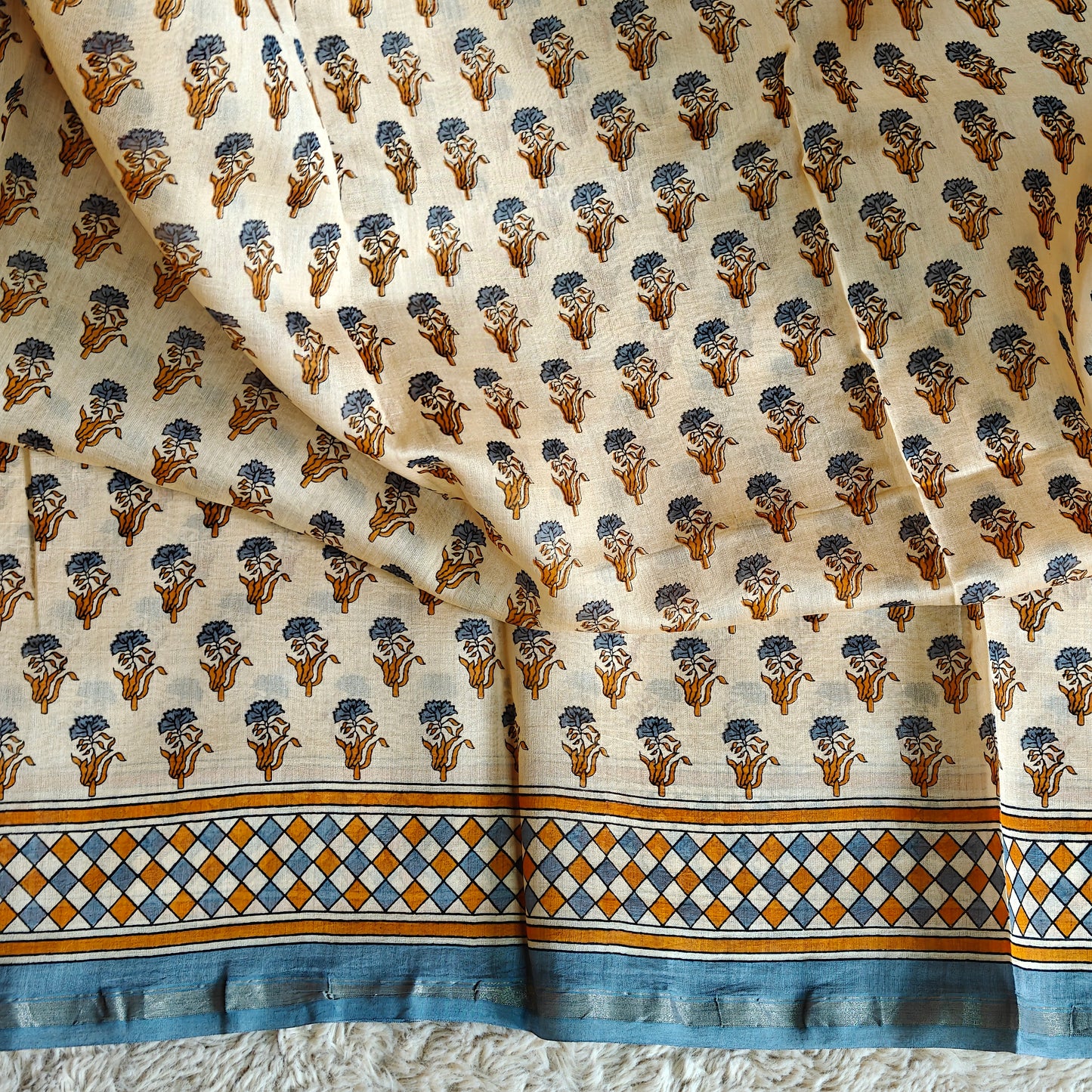 Cream colour ajrakh handblock printed chanderi silk cotton saree