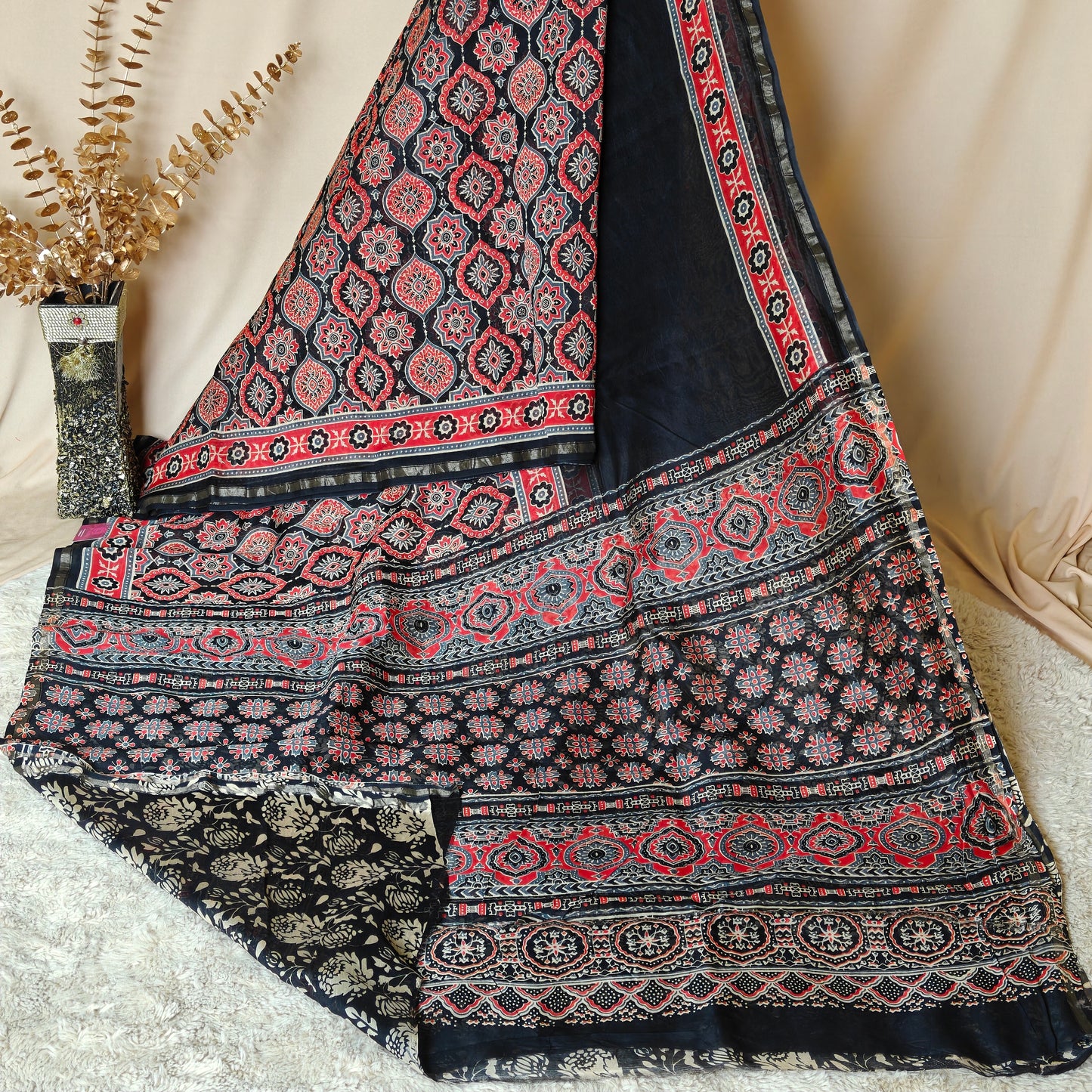 Black ajrakh handblock printed chanderi silk cotton saree